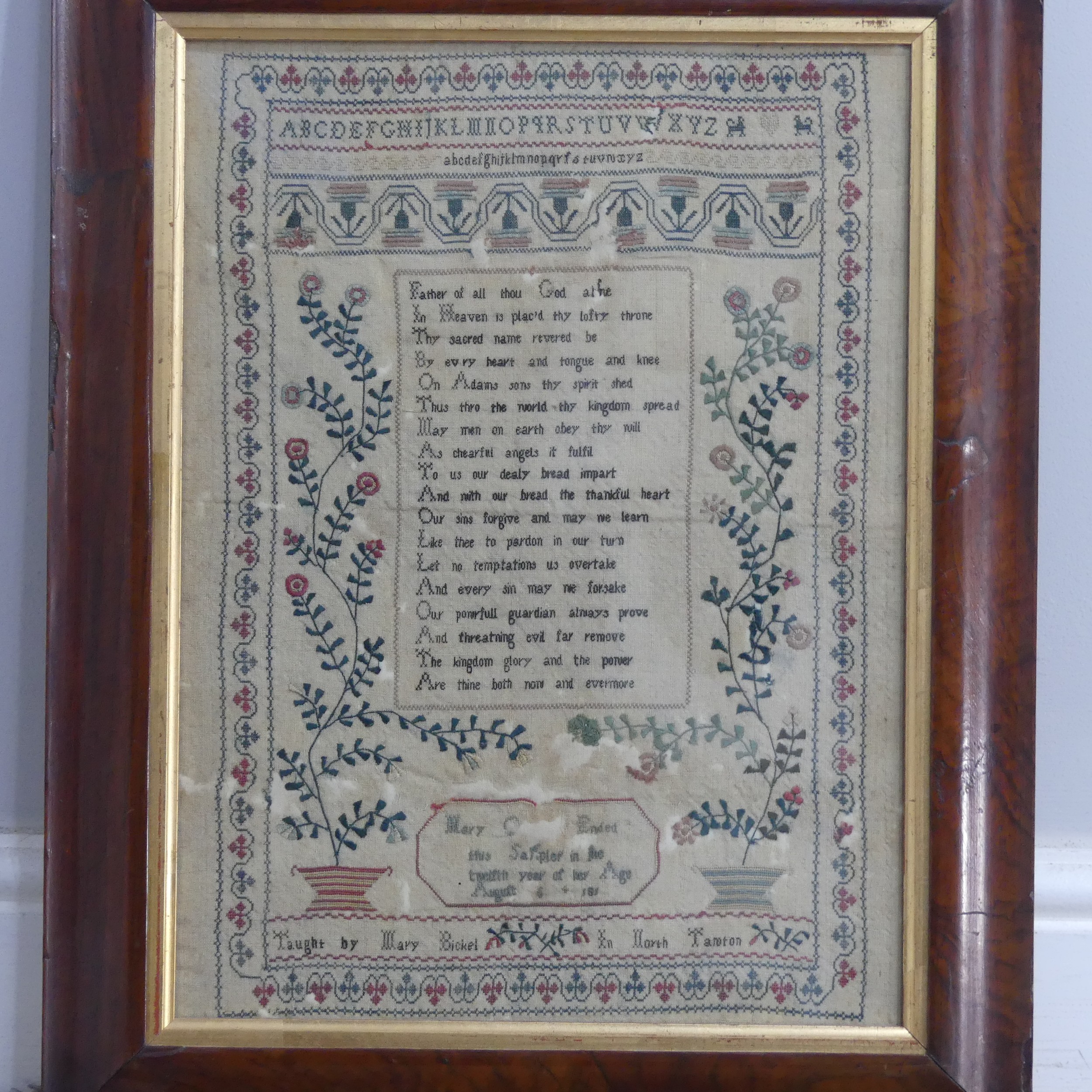 A antique needlework Sampler, by Mary age twelve, embroidered with flowers and verse, W 29 x H 39 - Image 2 of 3