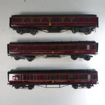 Three Exley ‘0’ gauge LMS 3rd Class Corridor End Brake Coaches, maroon with yellow lettering, No.