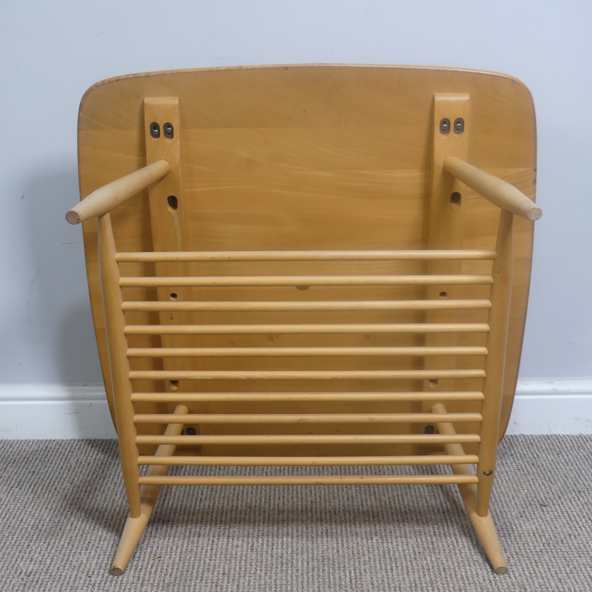 An Ercol windsor model 767 elm square coffee Table, with square top over splayed beach supports - Image 5 of 5