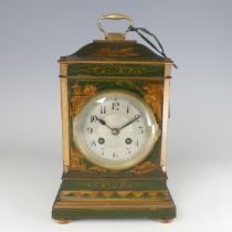 An early 20th century green Chinoiserie mantel Clock, silvered dial with Arabic numerals, raised