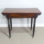 A Regency mahogany card Table, raised on reeded column legs and brass castors, W 91.5 cm x H 74 cm x
