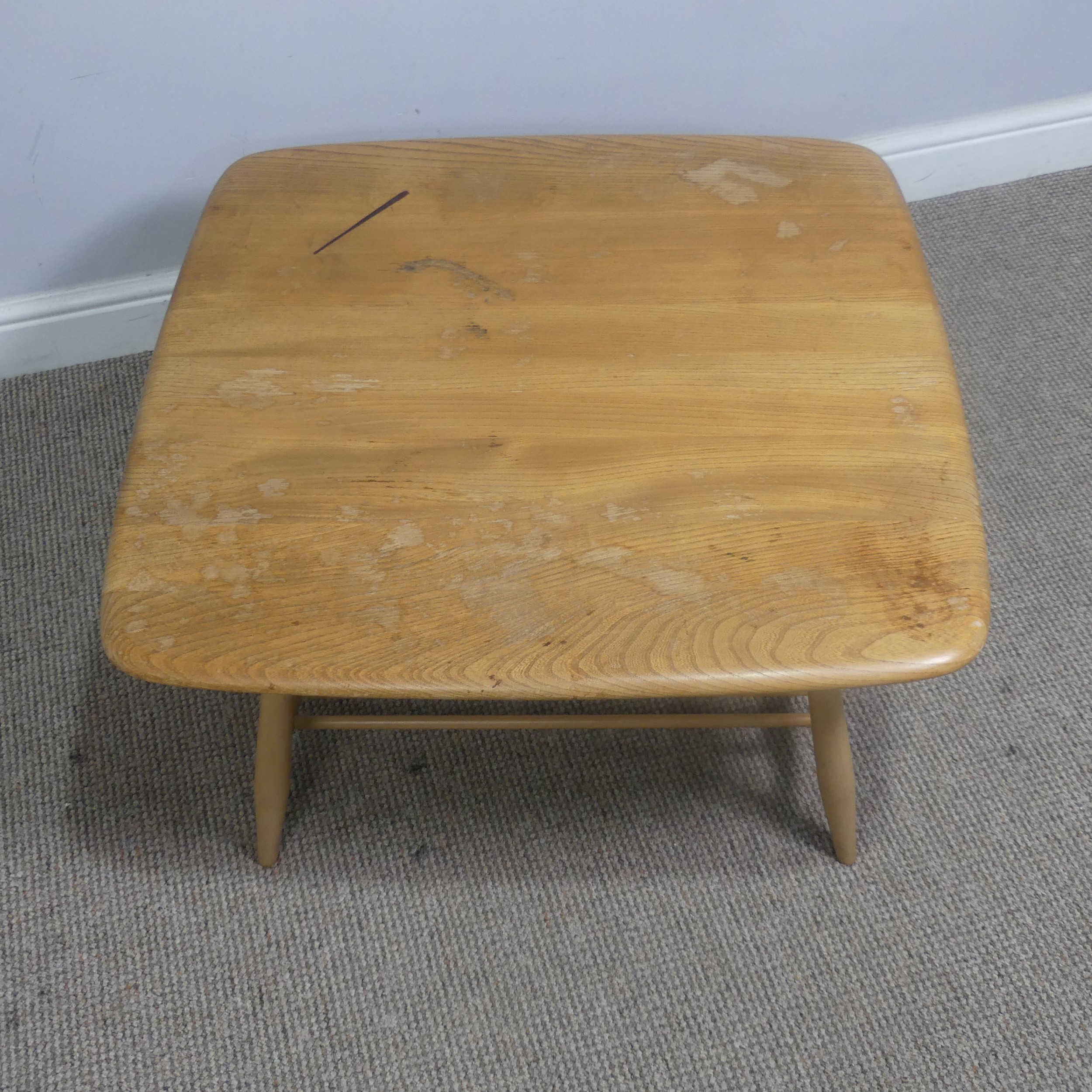 An Ercol windsor model 767 elm square coffee Table, with square top over splayed beach supports - Image 3 of 5