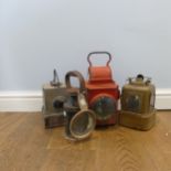 Railwayana Interest: A B.R.(M) Guard's Van lamp, lacks burner, and a B.R.(M) three-aspect hand lamp,