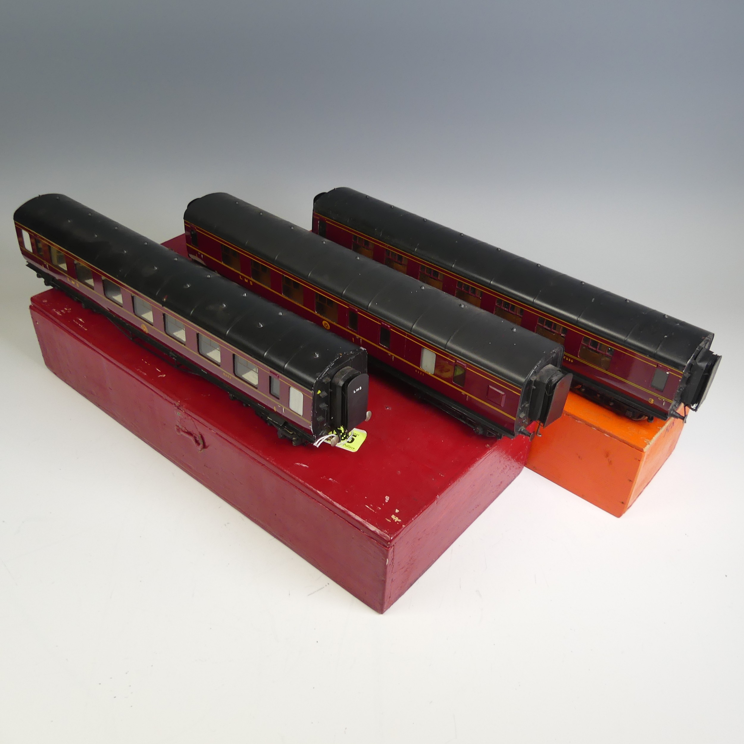 Three Exley ‘0’ gauge LMS Passenger Coaches, maroon with yellow lettering; All 1st Class Coach No. - Image 2 of 9