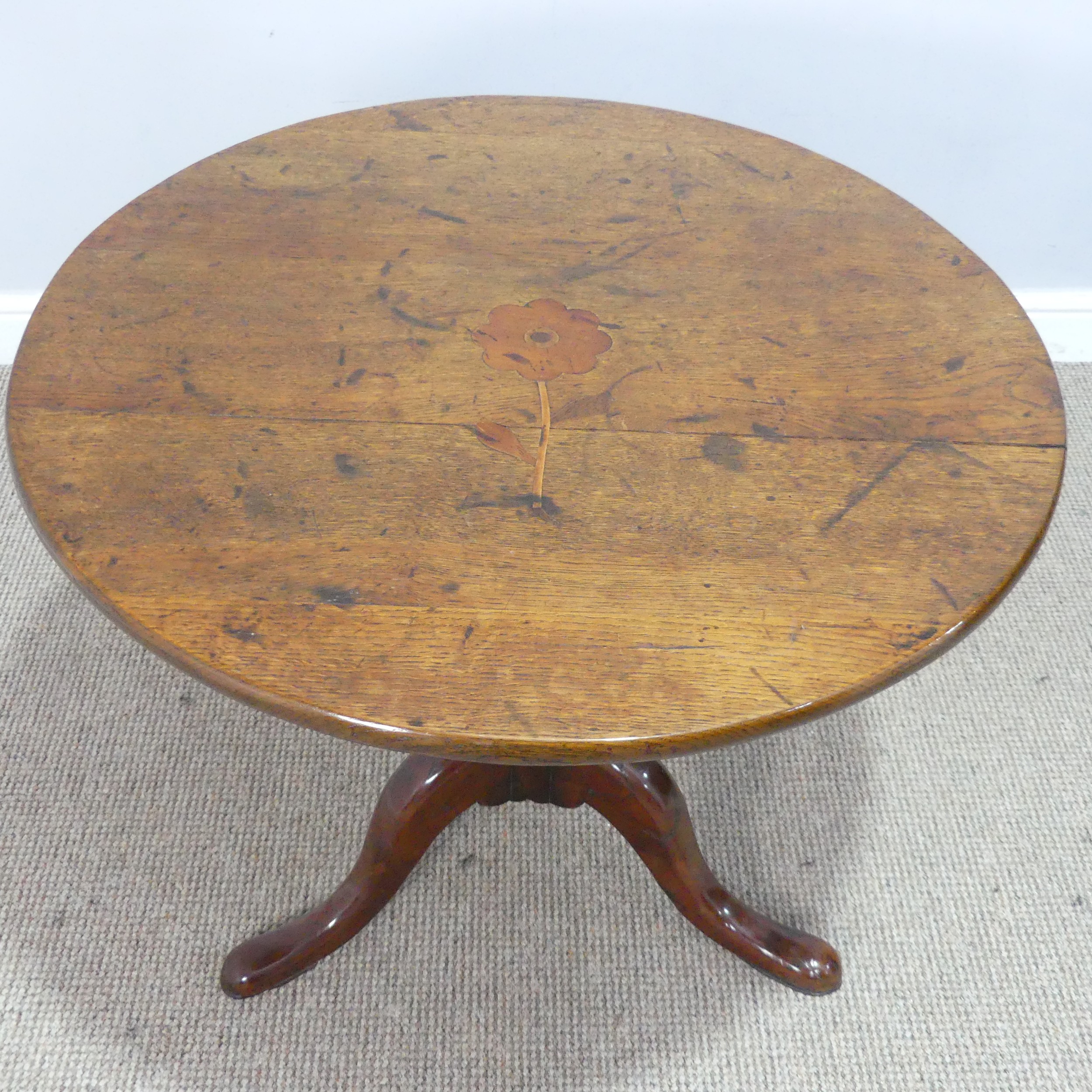 A 19th century oak tilt-top tripod Table, circular top with inlaid design of a flower, W 72.5 cm x H - Image 3 of 4