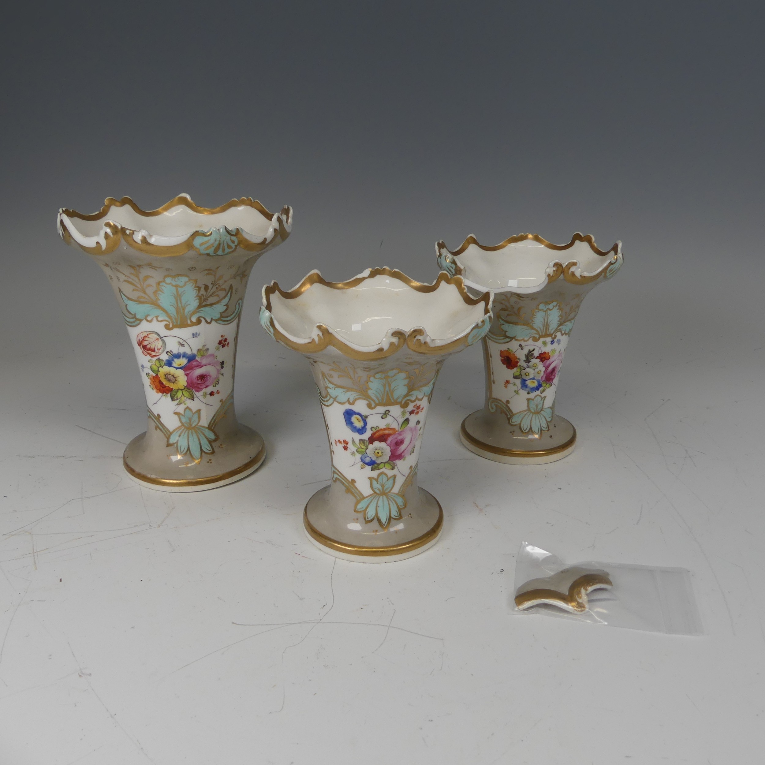A trio of Samuel Alcock porcelain Vases, decorated in light grey ground with cartouches containing