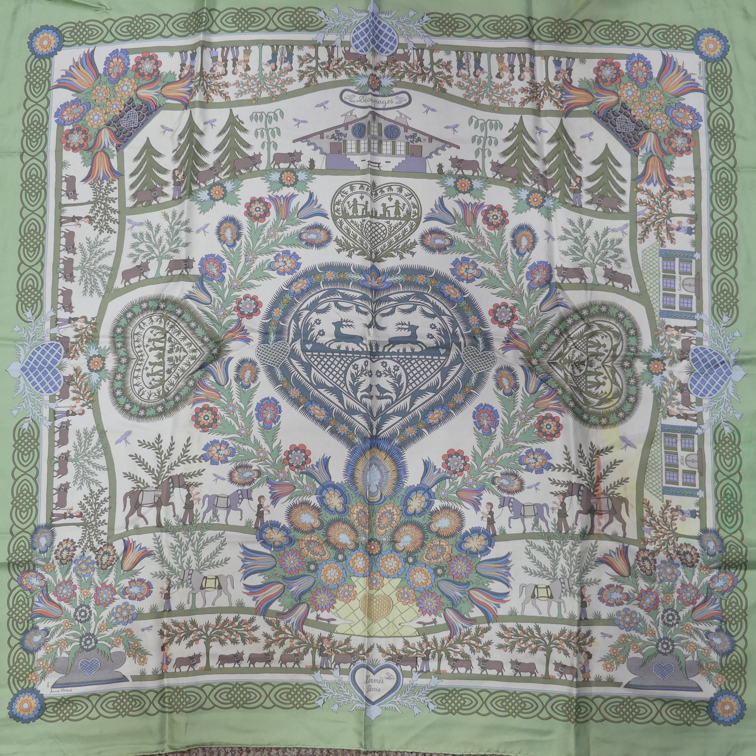 Two Hermès silk twill scarves: both 'Decoupages', designed by Anne Rosat, one with pale green - Image 2 of 4