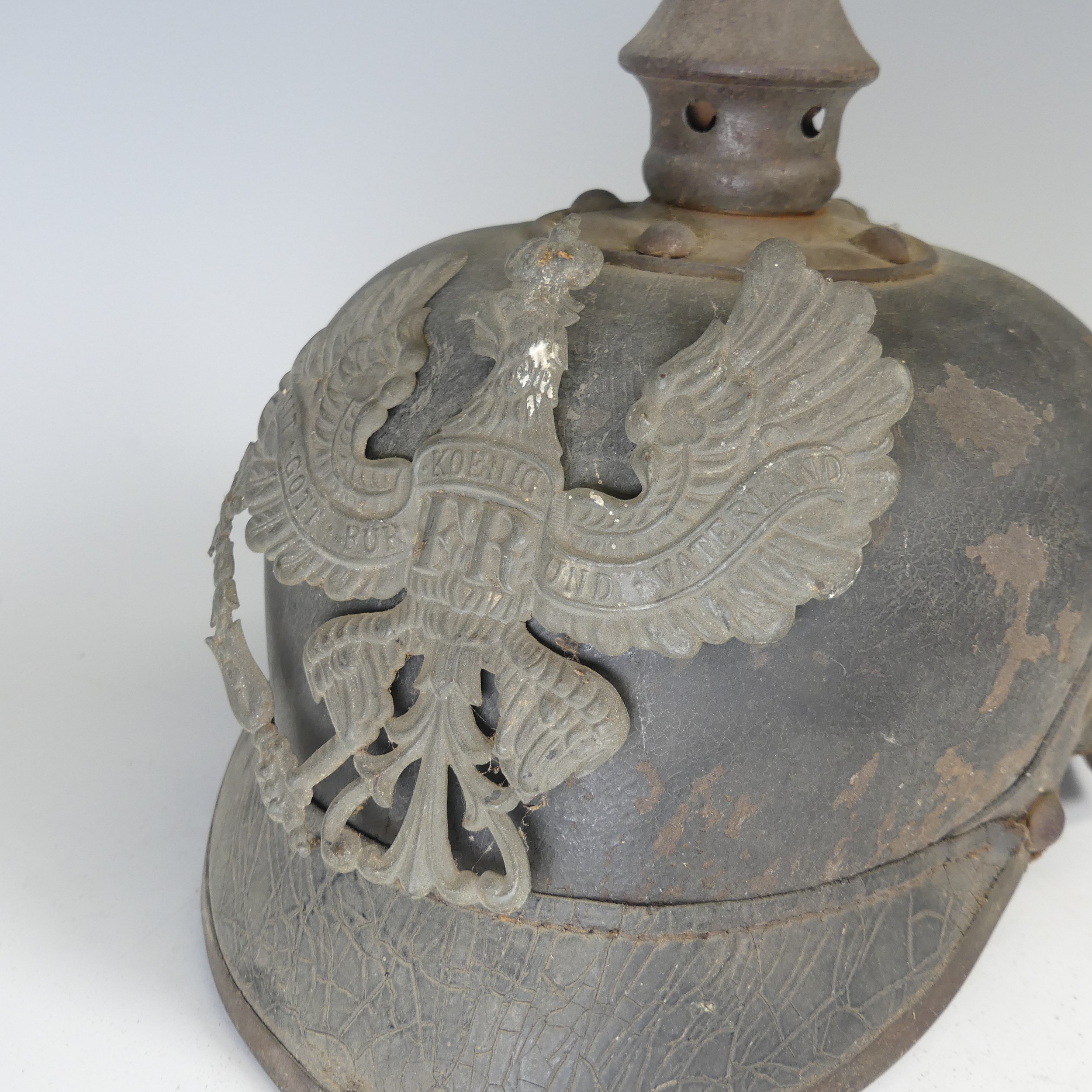 A WWI / Boer period Imperial German Prussian Pickelhaube Helmet, of leather construction, with brass - Image 2 of 4