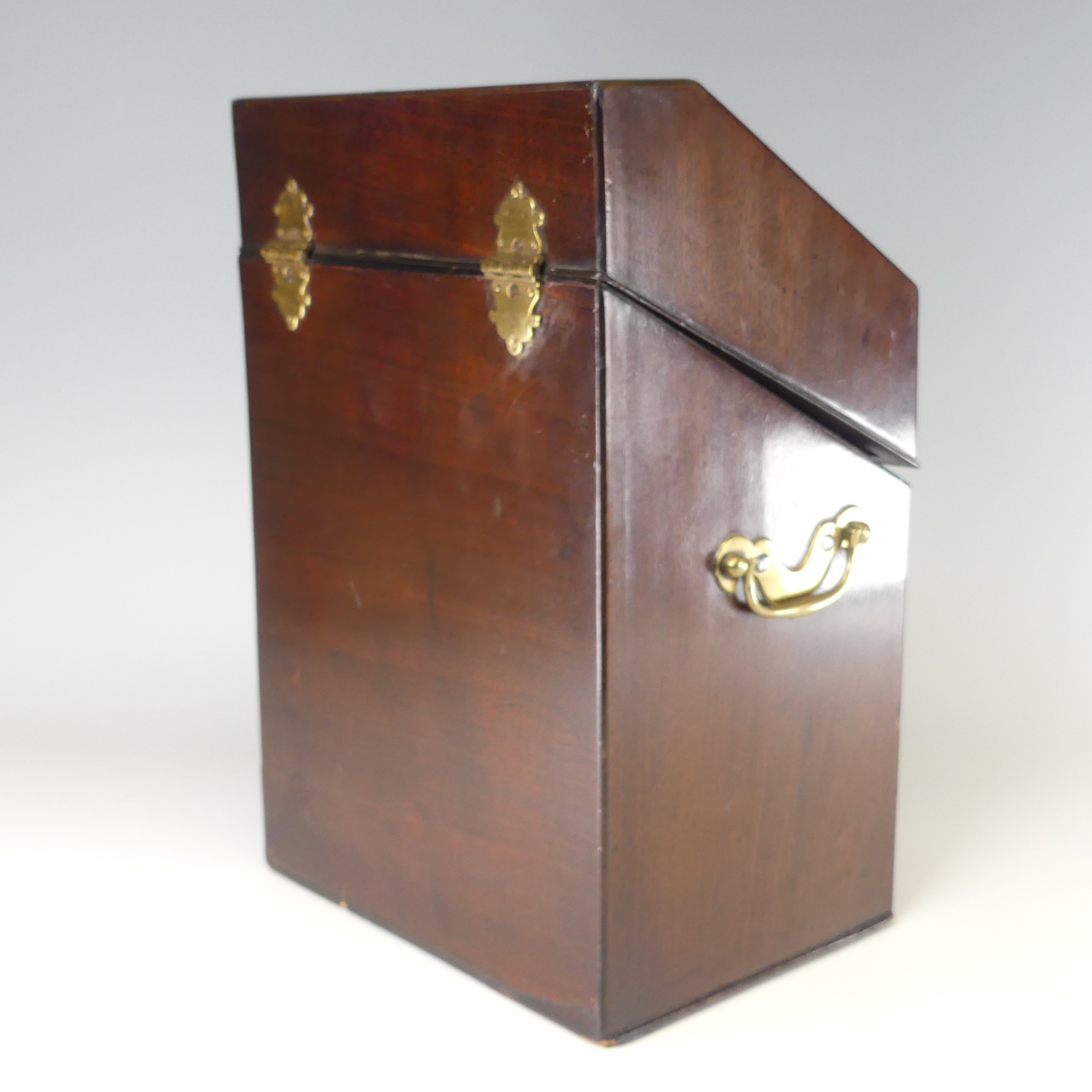 A Georgian mahogany serpentine front Knife Box, brass carrying handles to either side, with original - Image 5 of 10