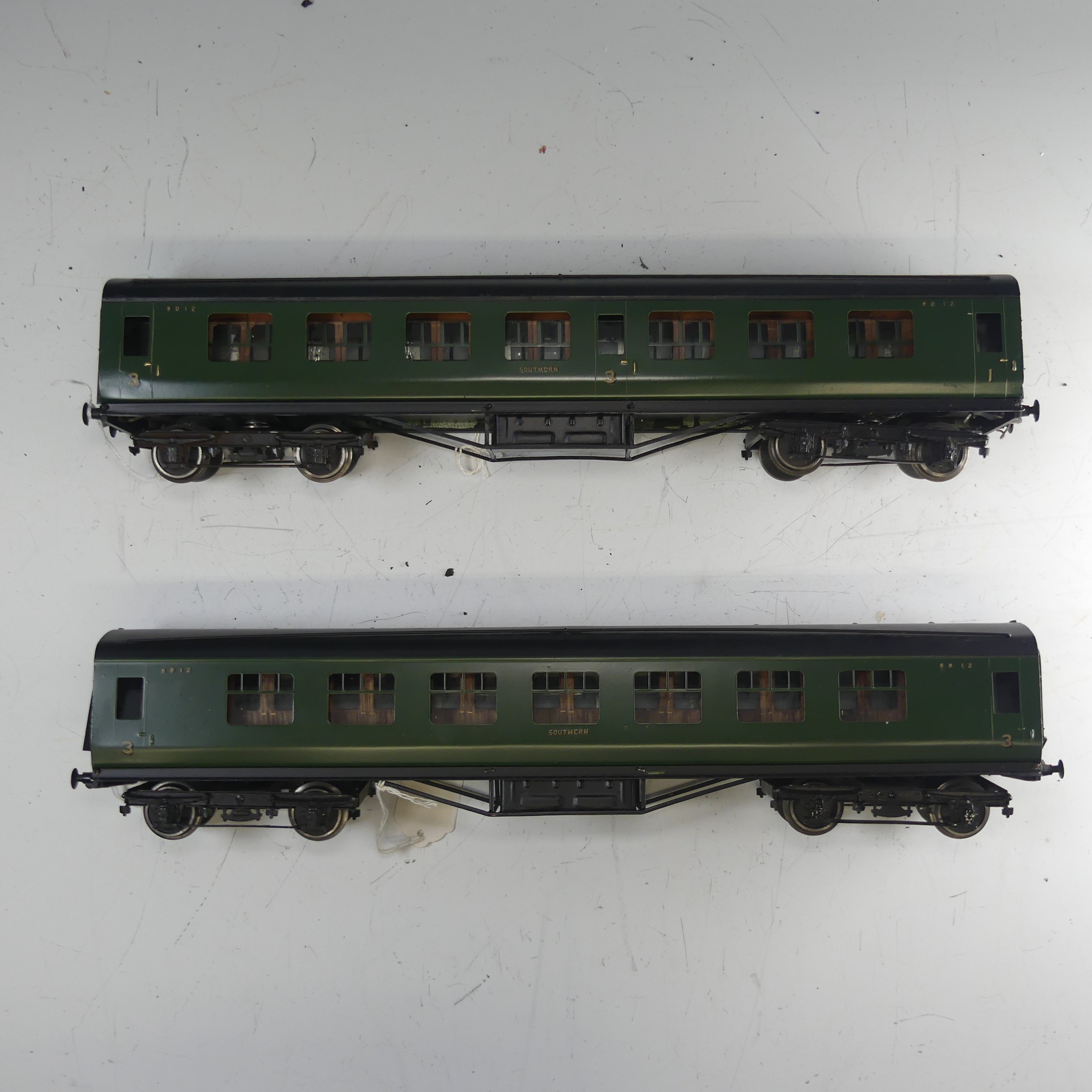 Two Exley ‘0’ gauge SR Coaches, green with yellow lettering: 1st/3rd Passenger Coach No.9012, and
