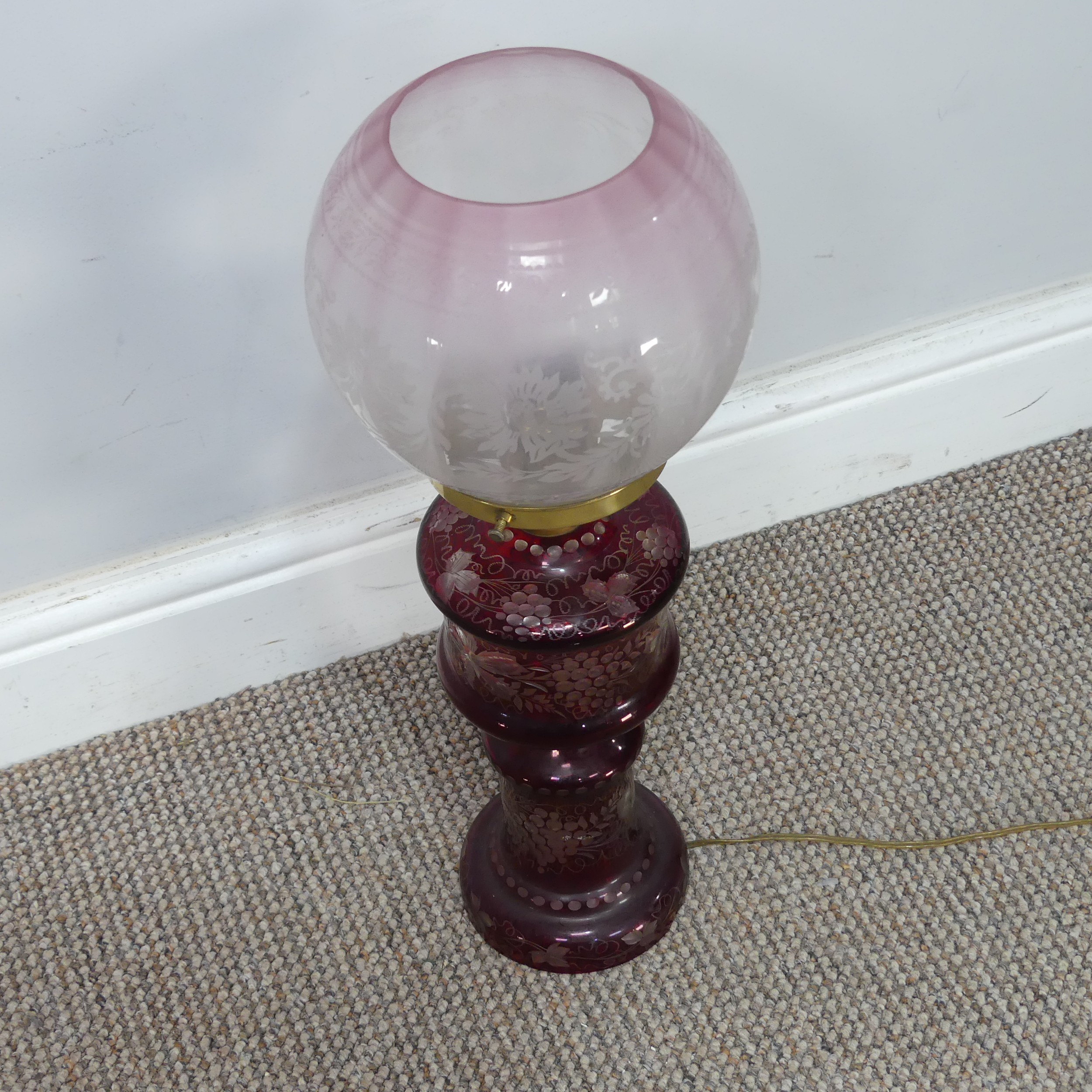 An antique ruby glass electrified Oil Lamp, with etched glass shade, H 49 cm, together with two - Image 2 of 6