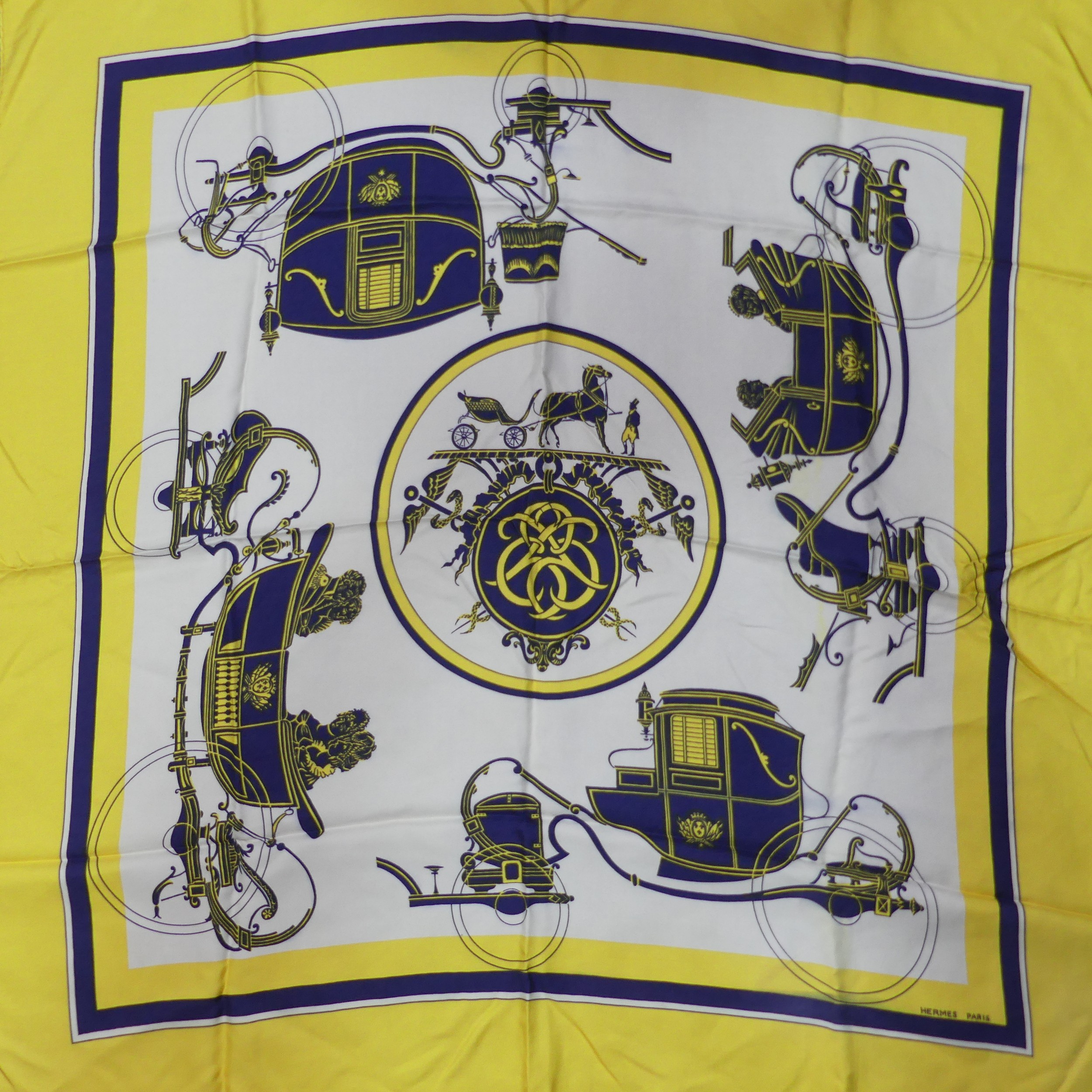 Two Hermès silk twill scarves: Carriage design blue with yellow border, and 'Brides de Gala', grey - Image 2 of 4