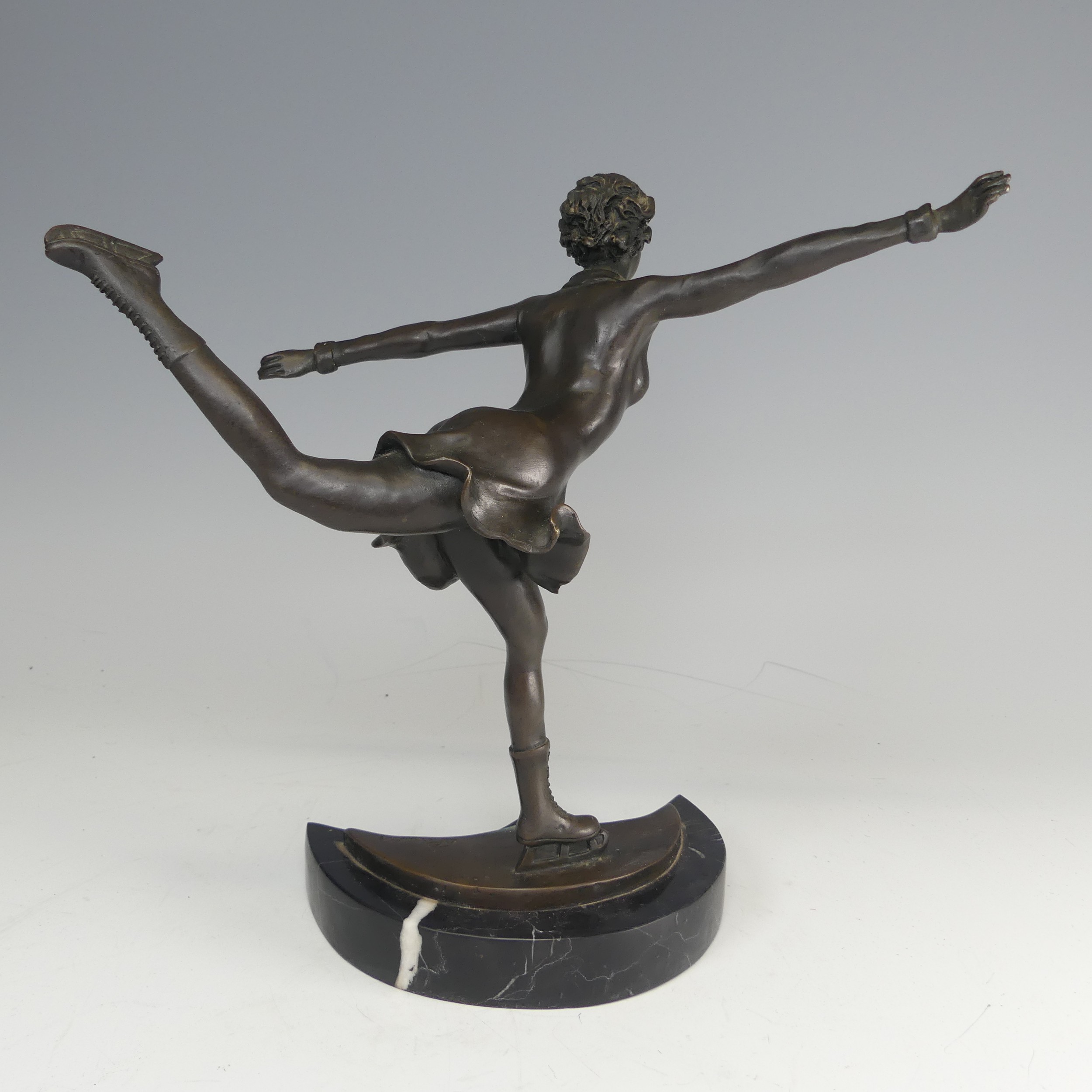 An Art Deco style bronze and resin Figure of a young girl skating, signed 'Preifs', mounted upon - Image 6 of 6