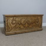 A carved Middle Eastern wooden Trunk / Chest, probably pine, carvings depicting mythical beasts