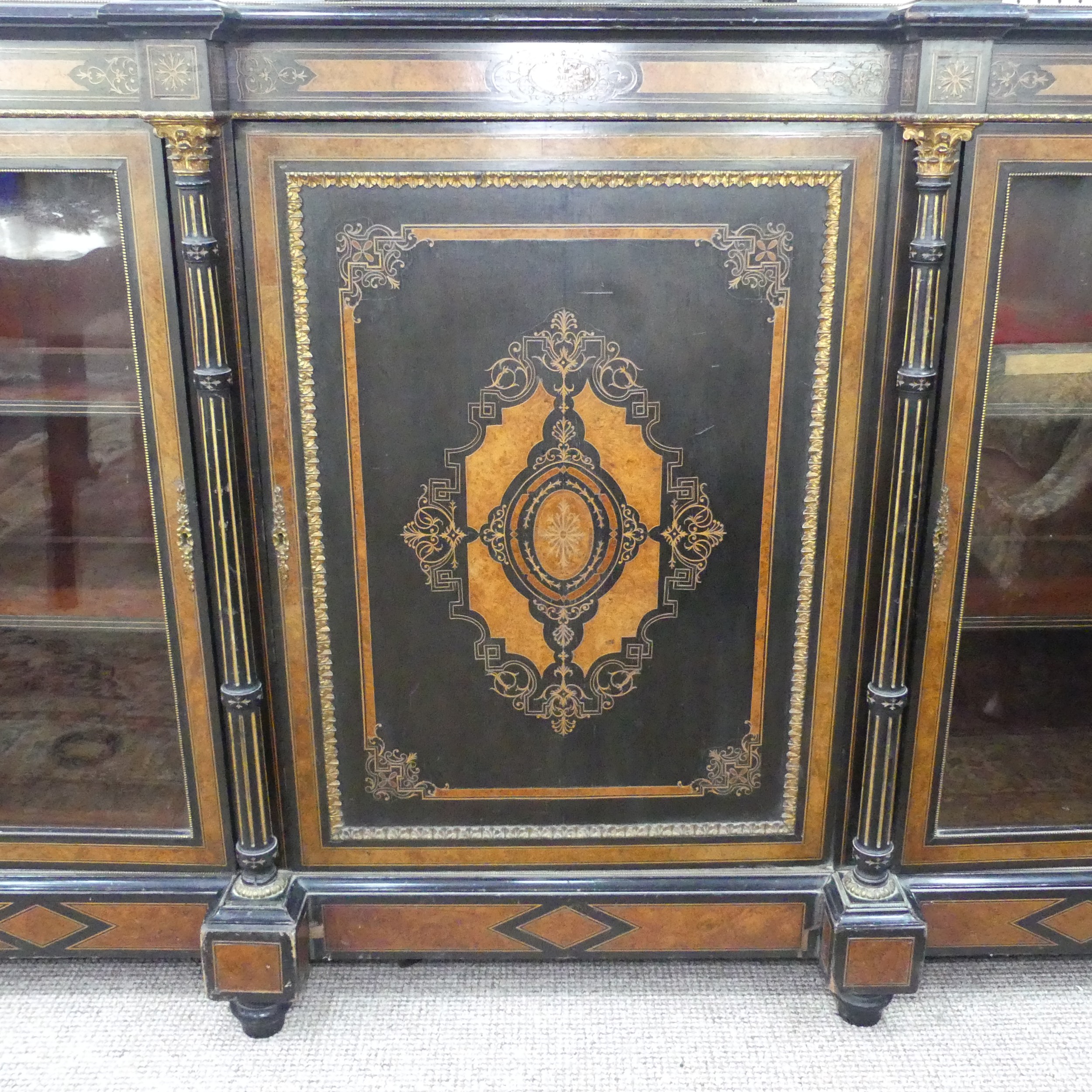 A good Victorian ebonised, marquetry and walnut banded breakfront Credenza, shaped top above - Image 5 of 12