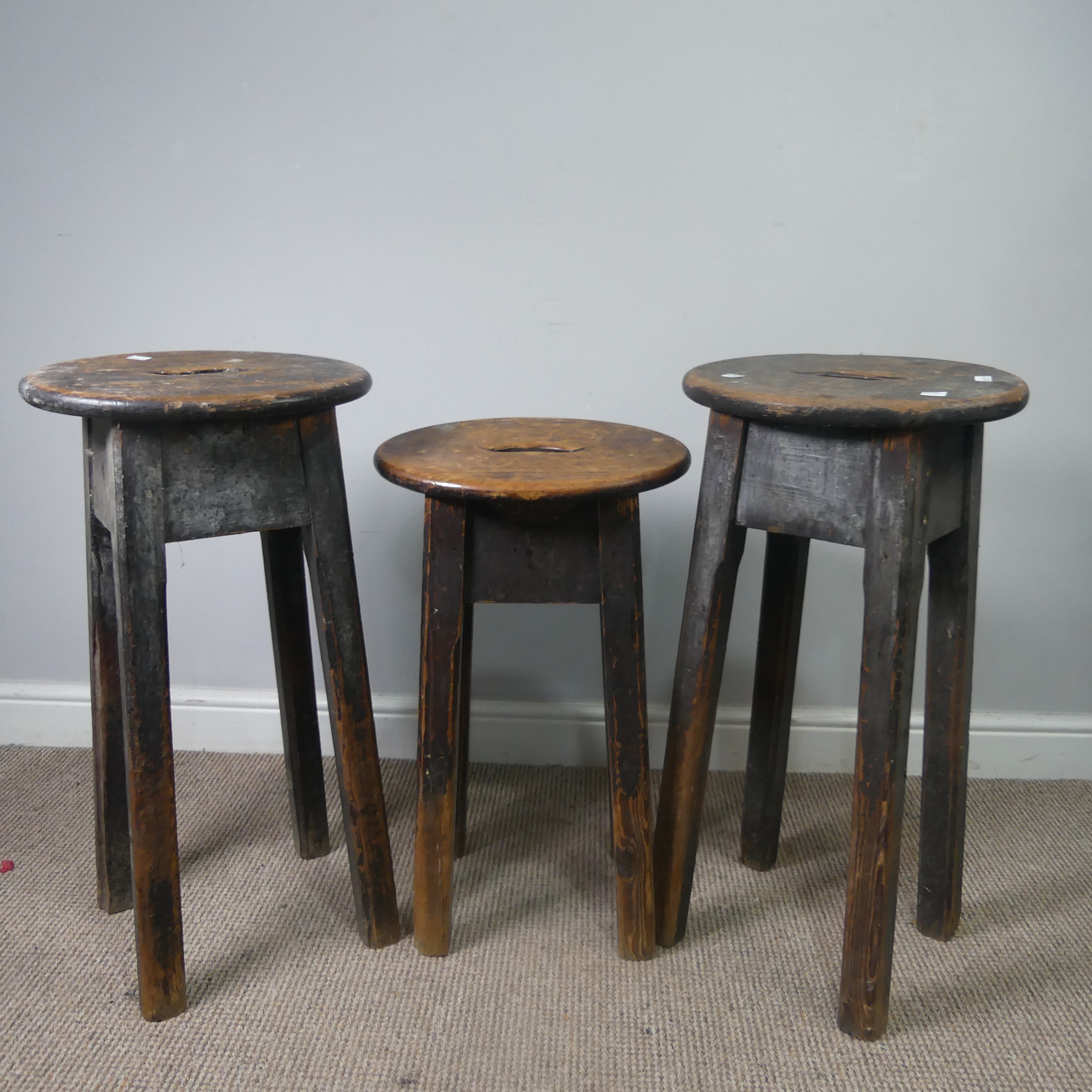 Three antique stained pine kitchen Stools, with oval tops and pierced handles, raised on chamfered - Image 3 of 4