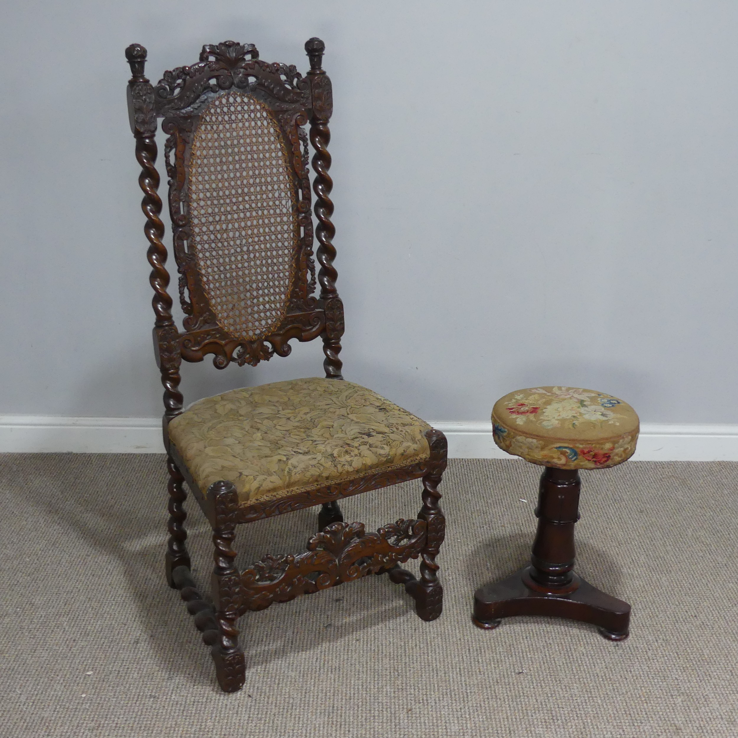 A Victorian carved oak and caned hall Chair, W 51 cm x H 120 cm x D 40 cm, together with a Victorian