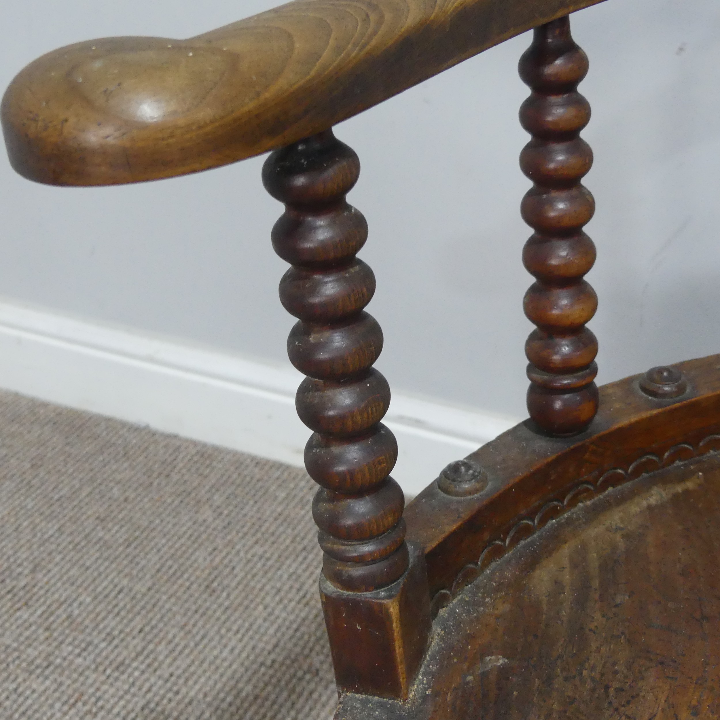 A late 19th century ash and elm Smokers elbow swivel desk Chair, turned column back rests, over - Image 3 of 5