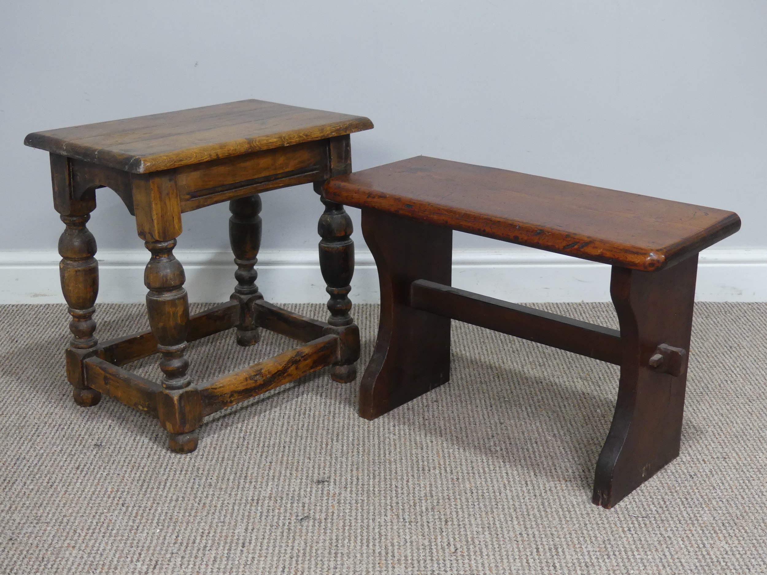 An 18th century style oak Joint Stool, W 45.5 cm x H 45.5 cm x D 30 cm, together with another