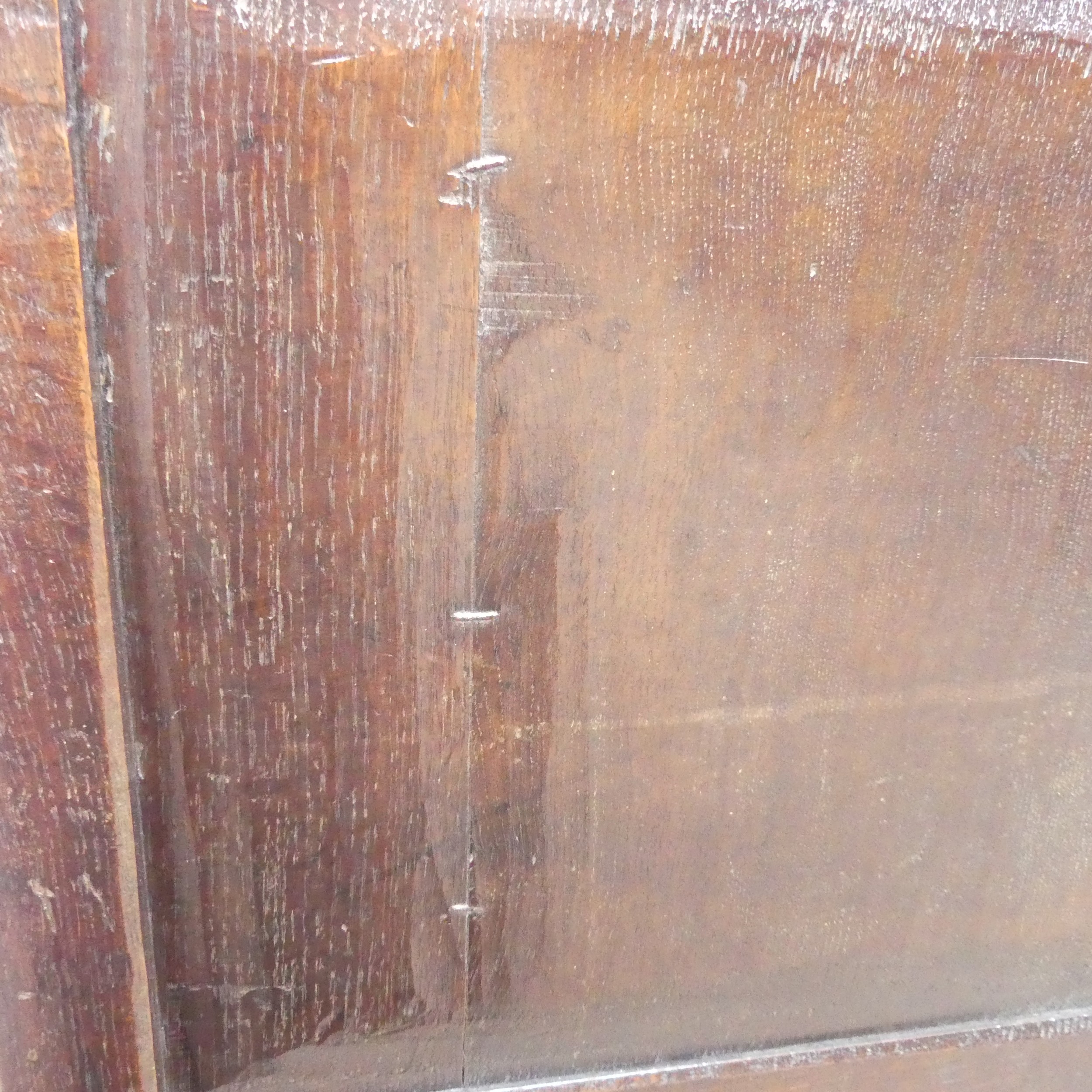 An antique probably 17th century oak wainscot box seat Armchair, carved backrest flanked by scrolled - Image 10 of 11