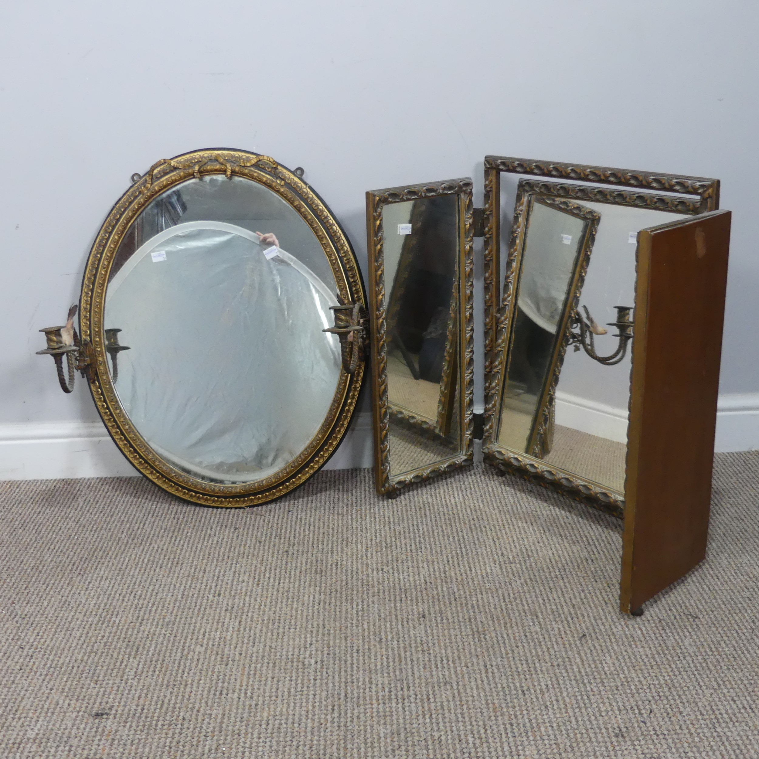 An early 20th century giltwood framed triptych dressing Mirror, W 91 cm x H 58 cm, together with