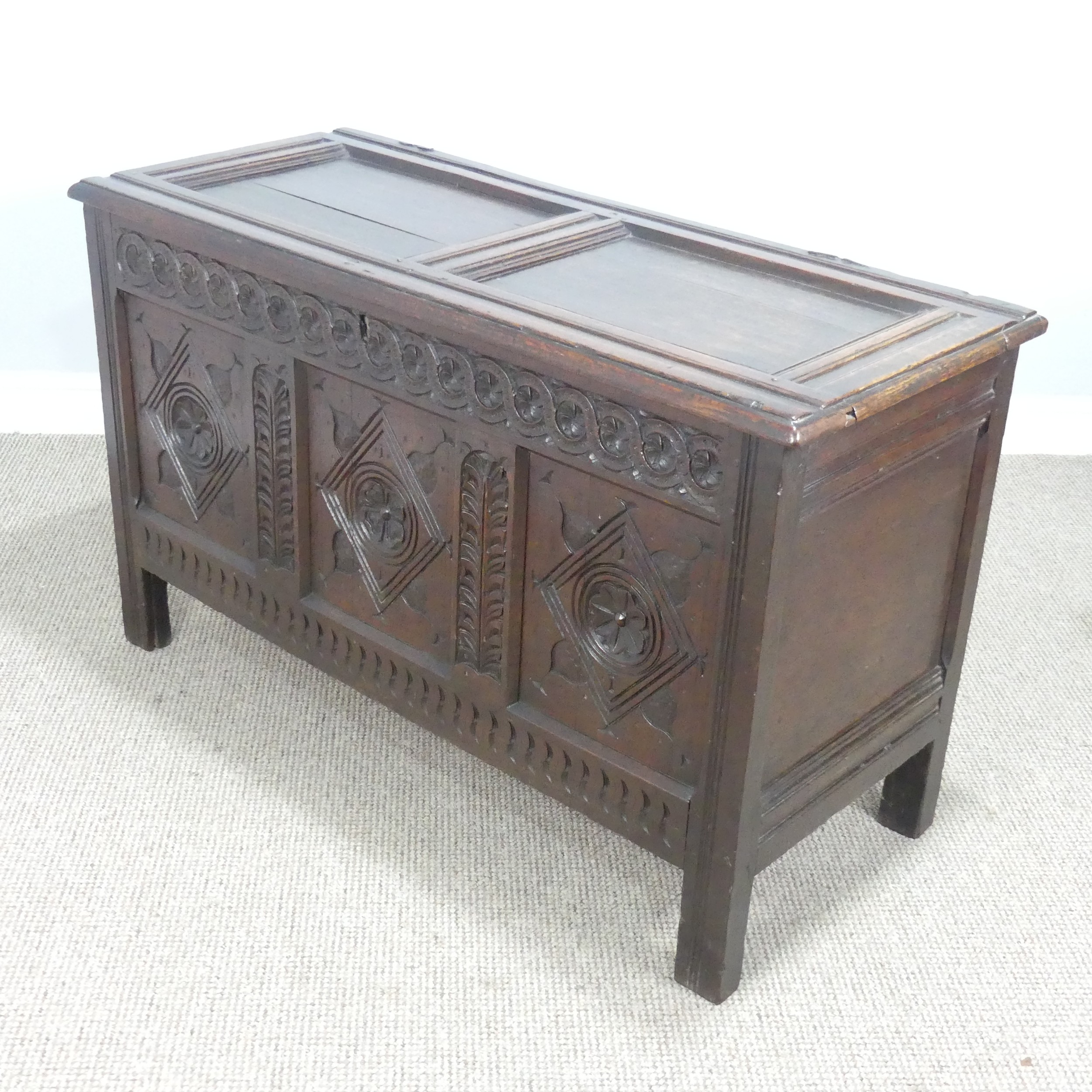 A 17th century oak Coffer, two panelled rectangular top with original pin hinges, over three - Bild 11 aus 12