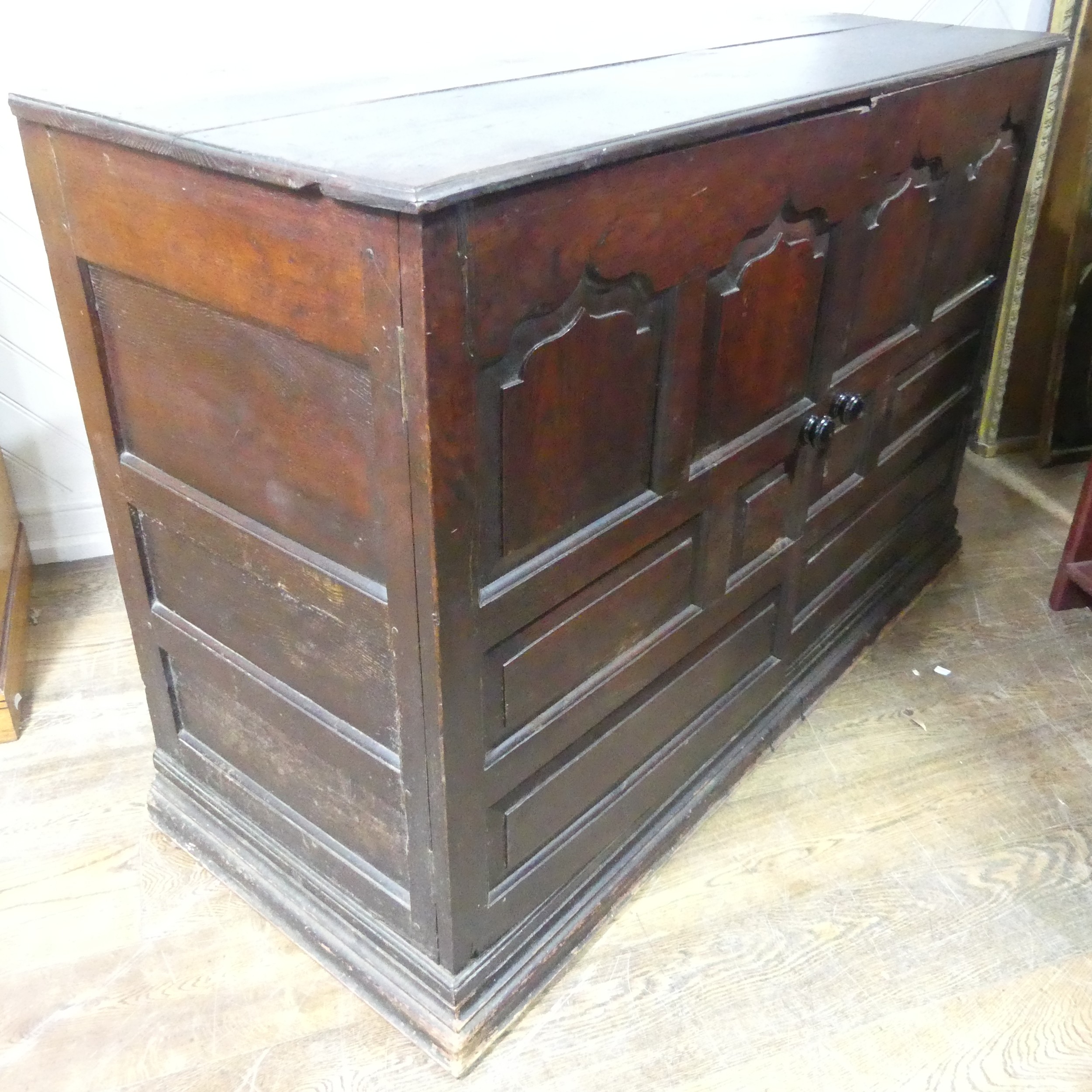 A large 18th century oak panelled Cupboard, raised on moulded plinth base, W 141 cm x H 95 cm x D 60 - Image 8 of 8