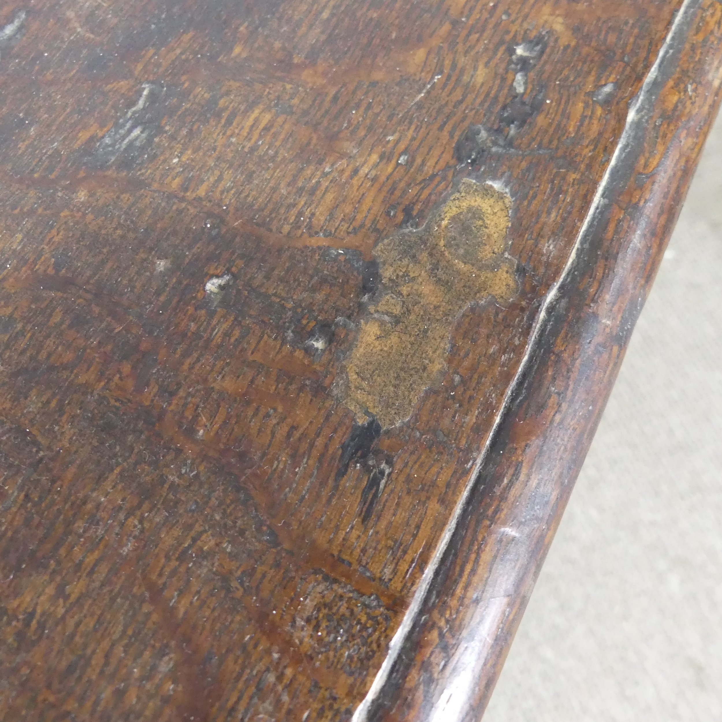 A 17th century and later oak three panel Coffer, rectangular top over carved frieze and three - Bild 8 aus 15