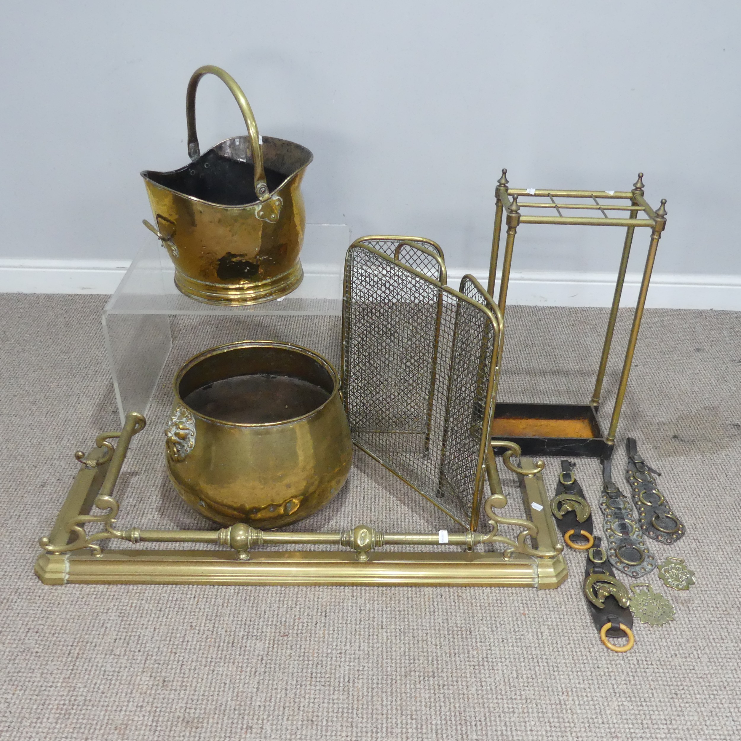 An early 20th century brass Stick Stand, H 63 cm, together with a brass fender, coal bucket, large
