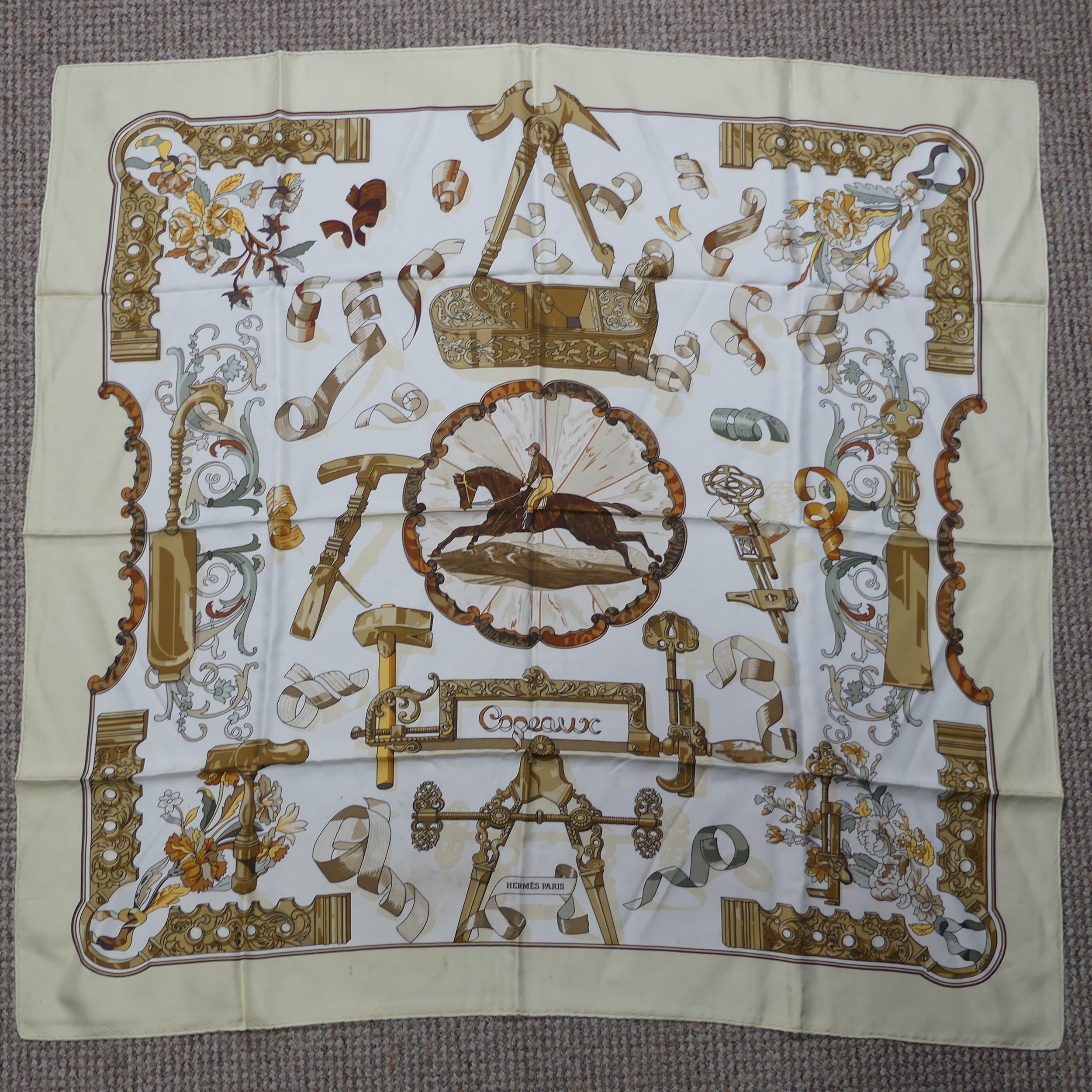 Two Hermès silk twill scarves: 'The Bull & Mouth, Regents Circus Picadilly', cream ground with brown - Image 3 of 4