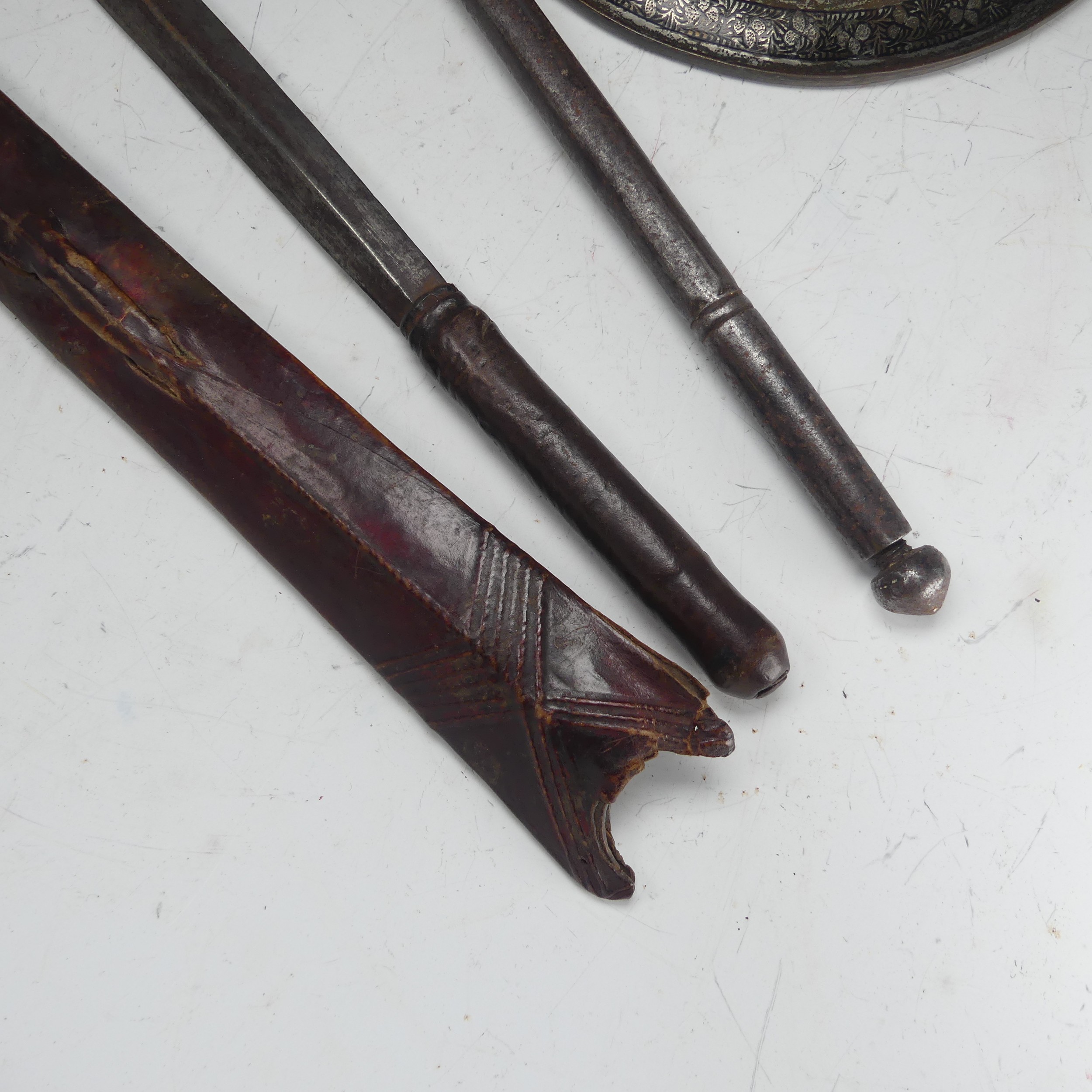 A small Persian Qajar Dynasty double headed steel Axe, heads etched, L 66 cm, together with an - Image 7 of 8