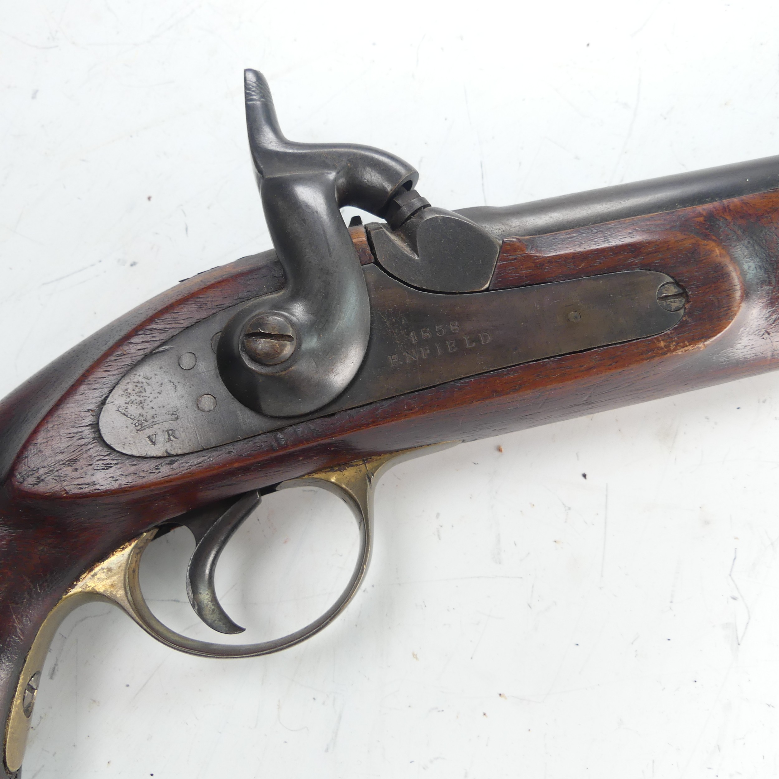A 19th century 'Enfield' percussion cap service Pistol, with walnut stock, 8 inch steel barrel, - Image 6 of 7