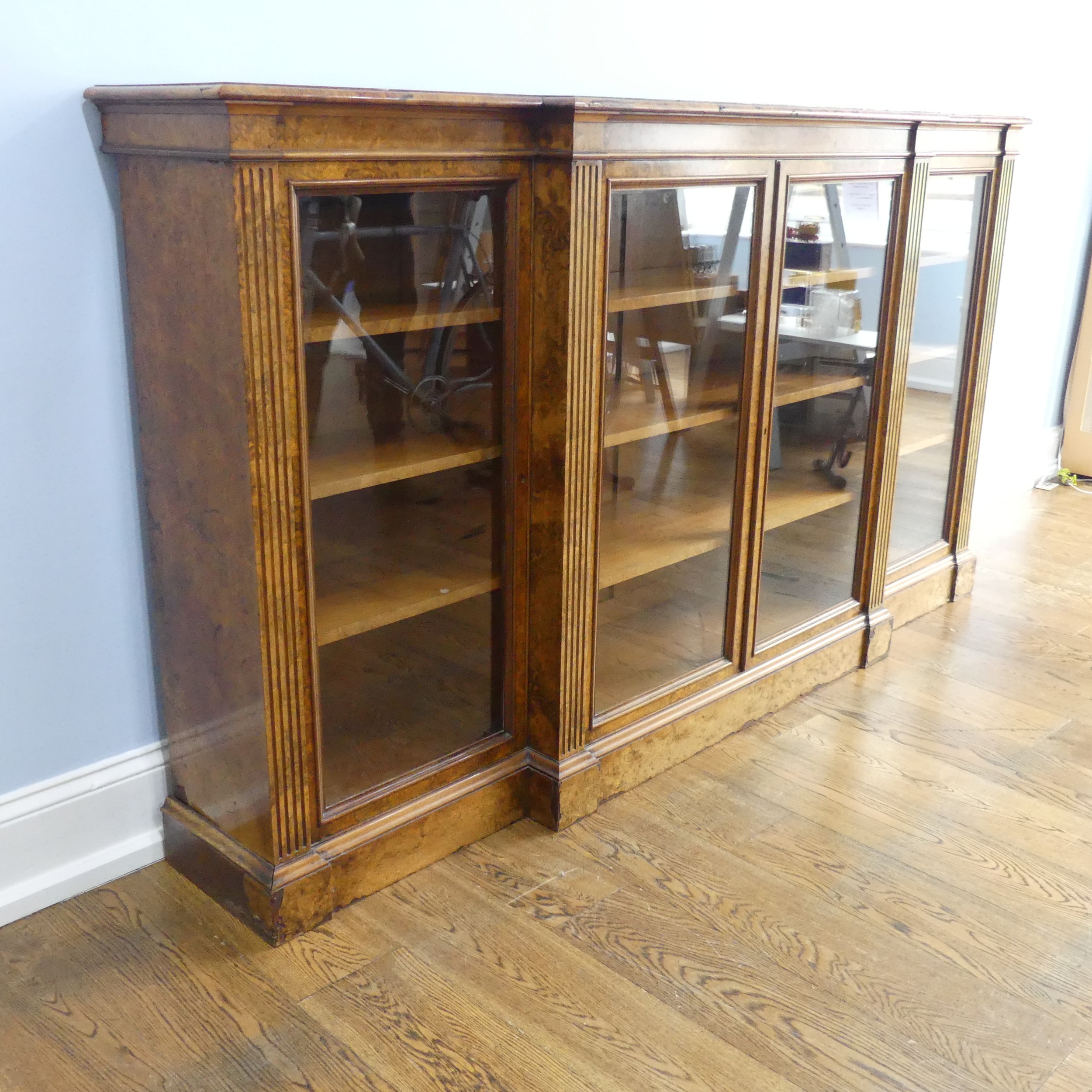 A good Victorian burr walnut breakfront glazed Bookcase, shaped top over glazed doors and plinth - Image 3 of 14