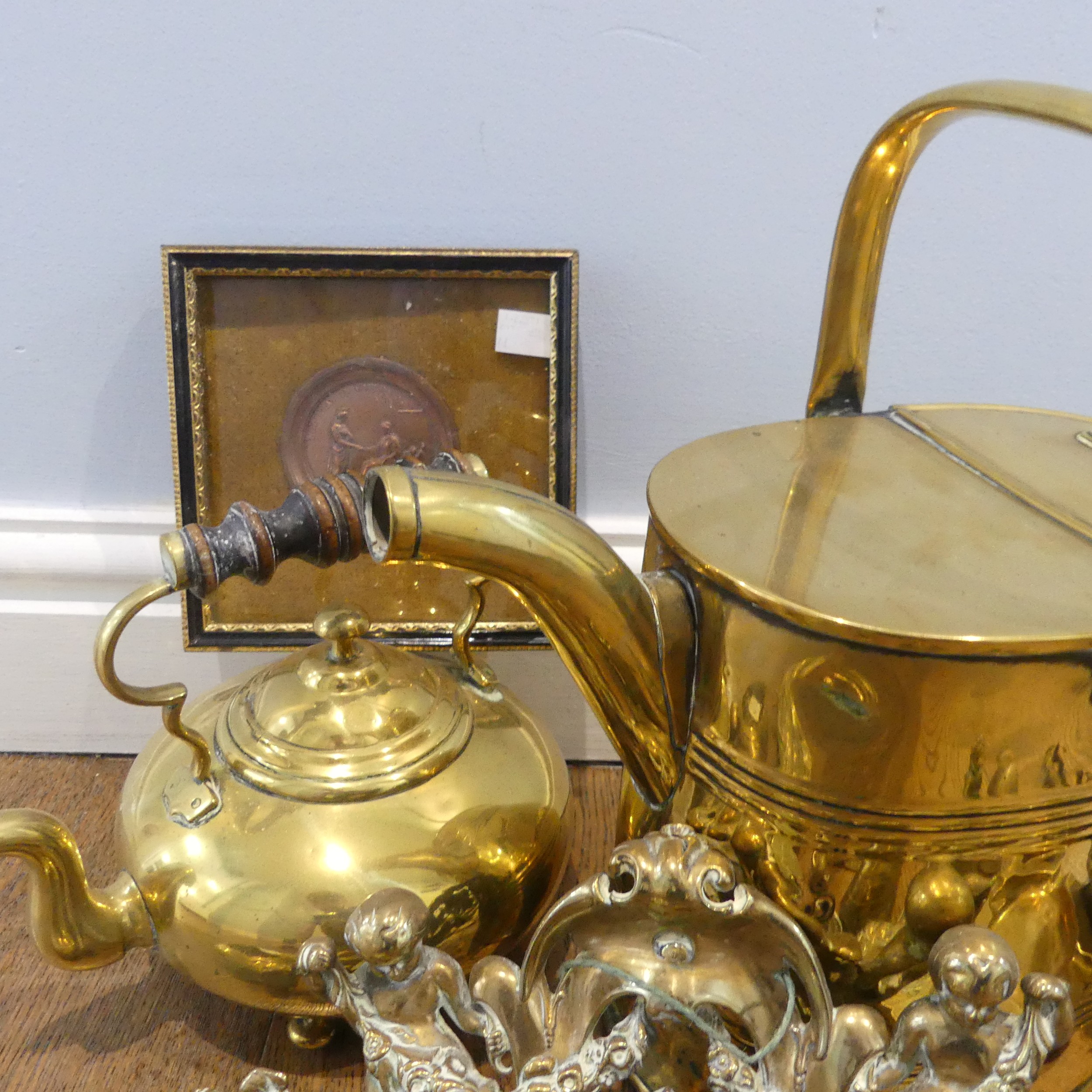 A Victorian brass watering Can, base stamped 'JS&SB', W 36 cm x H 32.5 cm x D 16 cm, together with a - Image 4 of 5