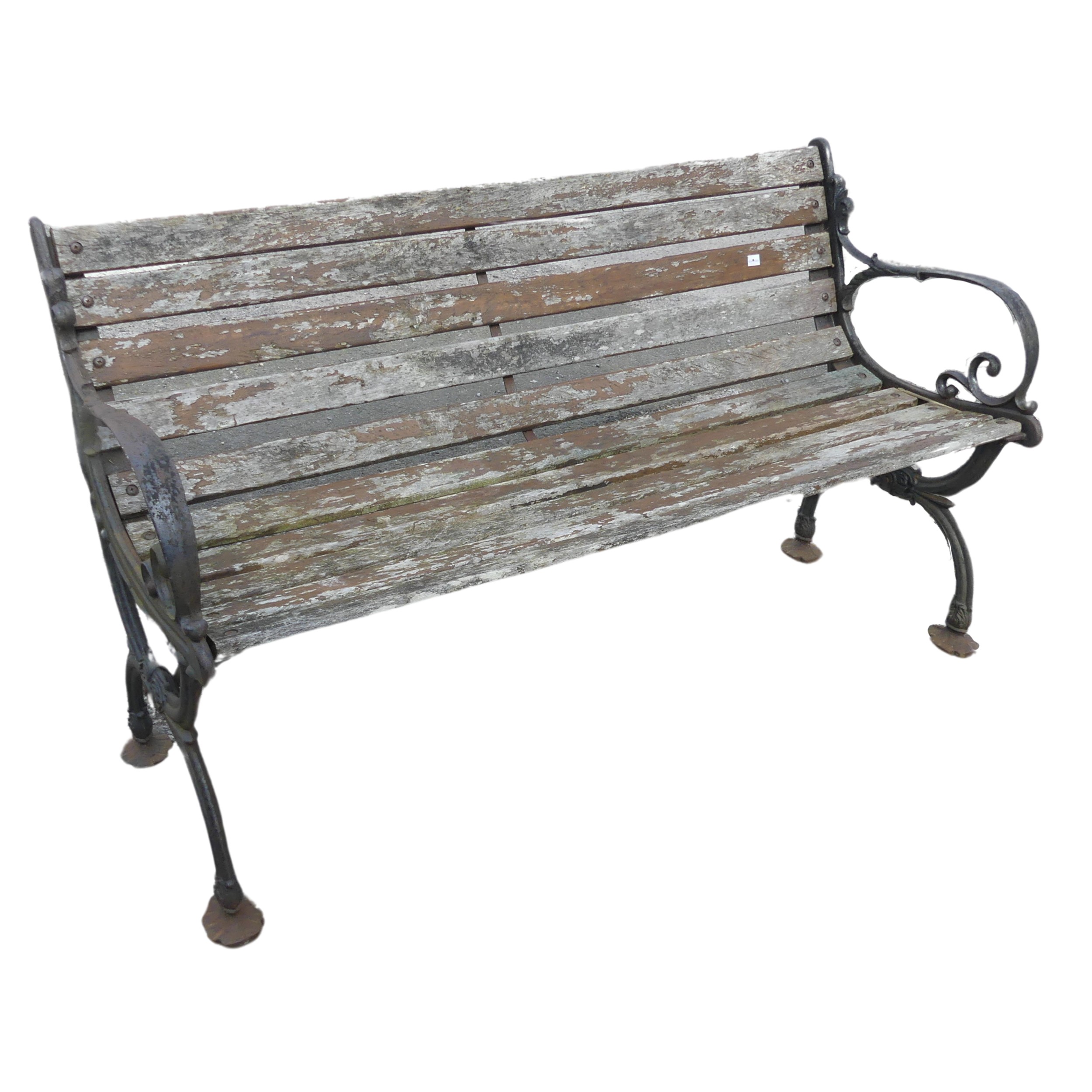 An antique cast iron and teak Garden Seat /Bench, with scrolled supports, W 129.5 cm x H 74 cm x D