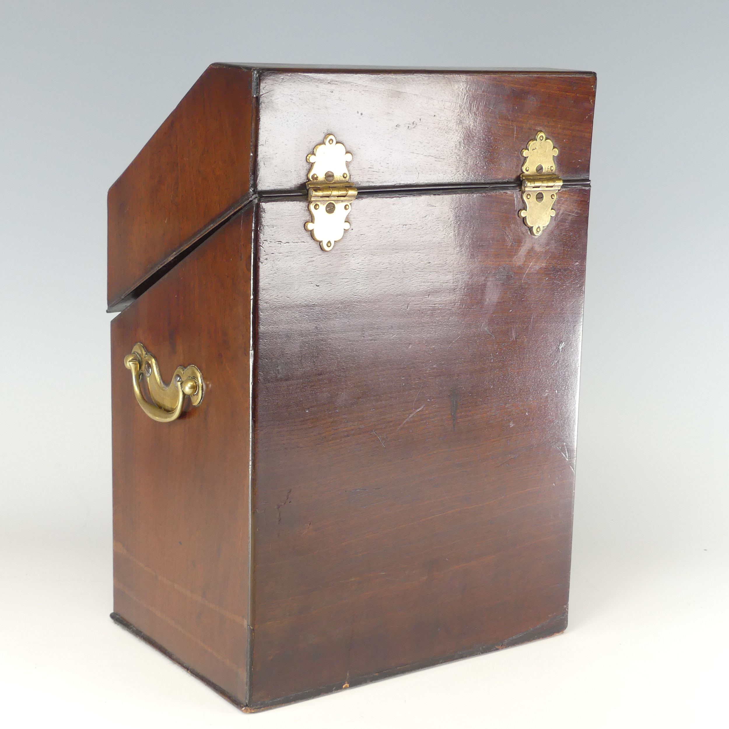 A Georgian mahogany serpentine front Knife Box, brass carrying handles to either side, with original - Image 4 of 10