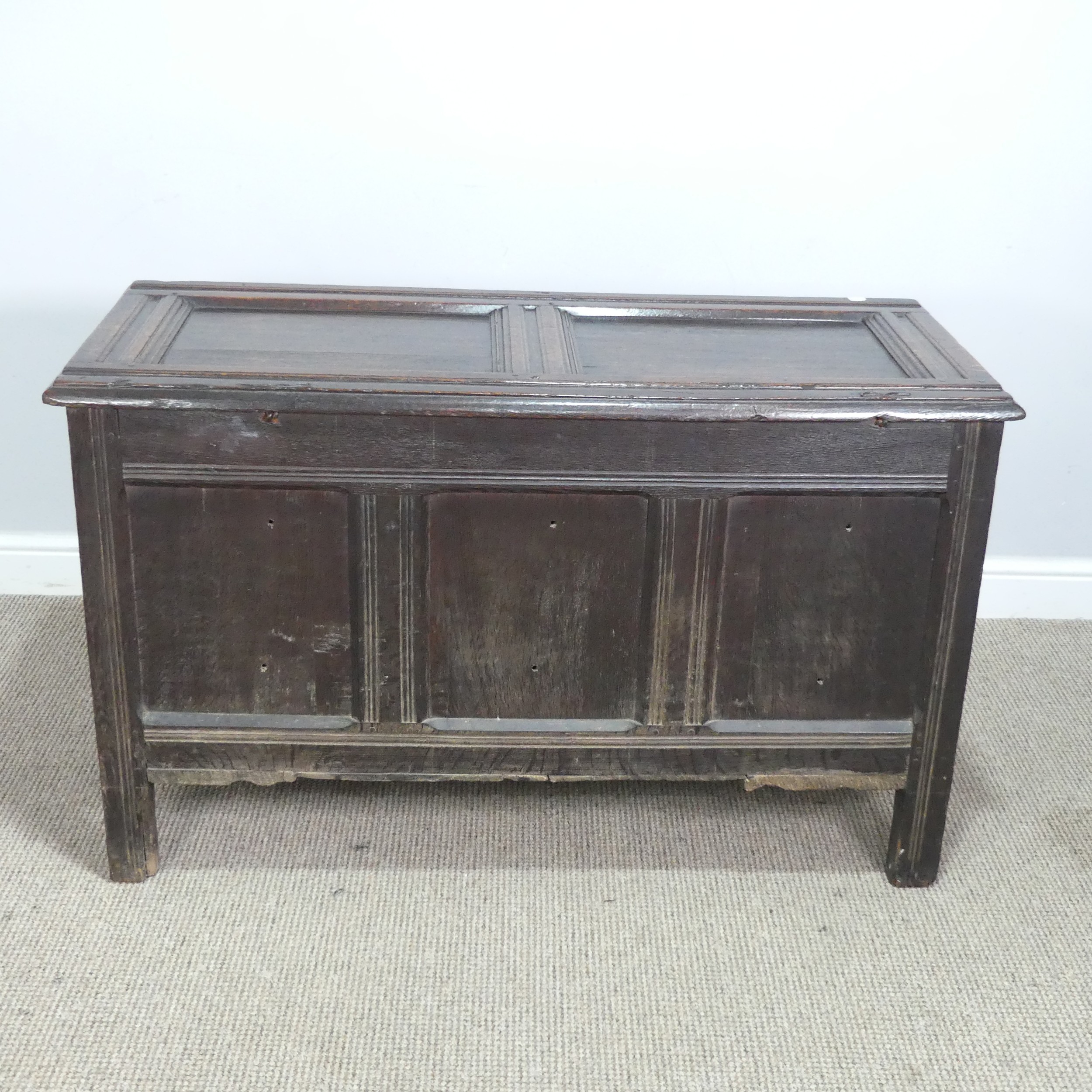 A 17th century oak Coffer, two panelled rectangular top with original pin hinges, over three - Bild 12 aus 12