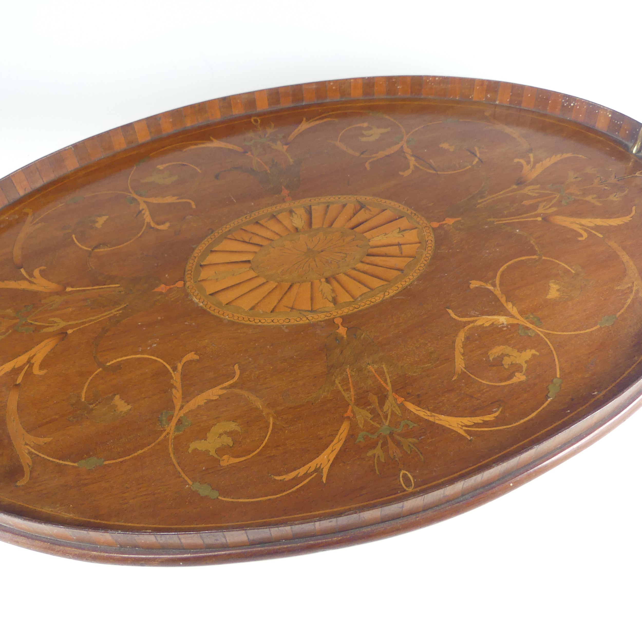 An Edwardian mahogany and marquetry galleried twin-handled Tray, the gallery of chequerboard boxwood - Image 5 of 26