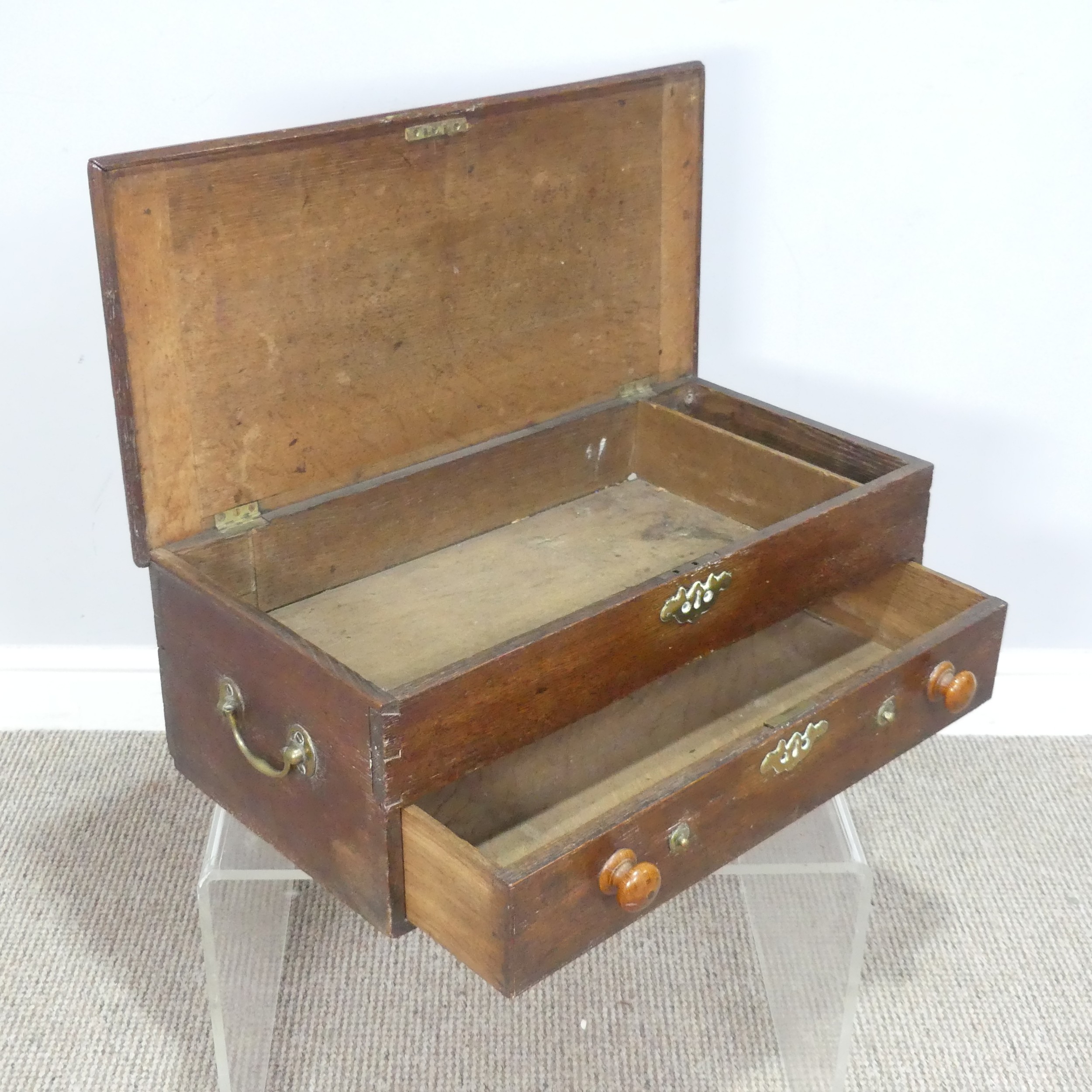 An 18th century oak Bible Box, hinged top over single drawer, with replacement turned handles, - Image 3 of 3