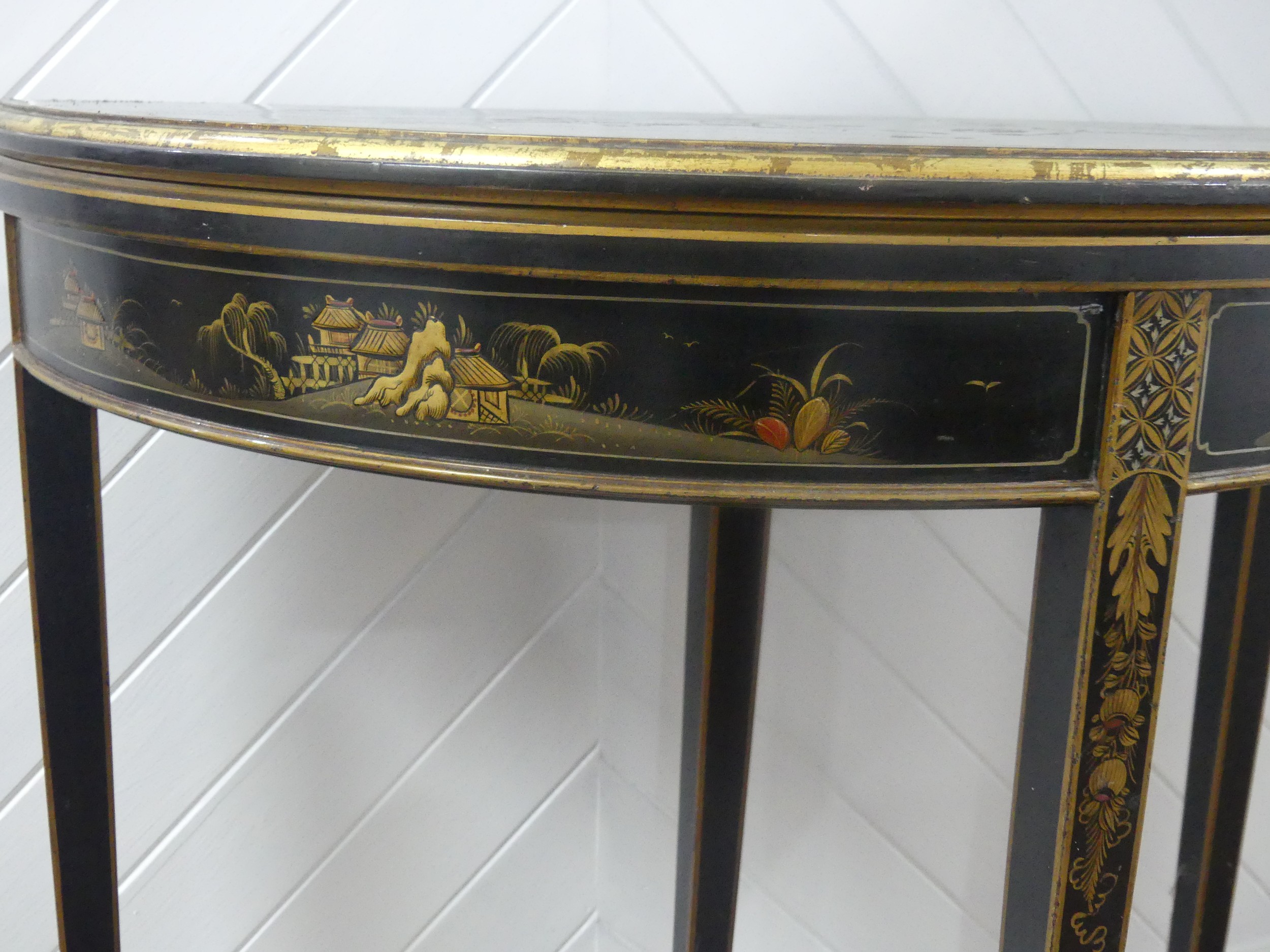 An early 20th century Chinoiserie demi lune card Table, black lacquered and painted gilt - Image 4 of 9