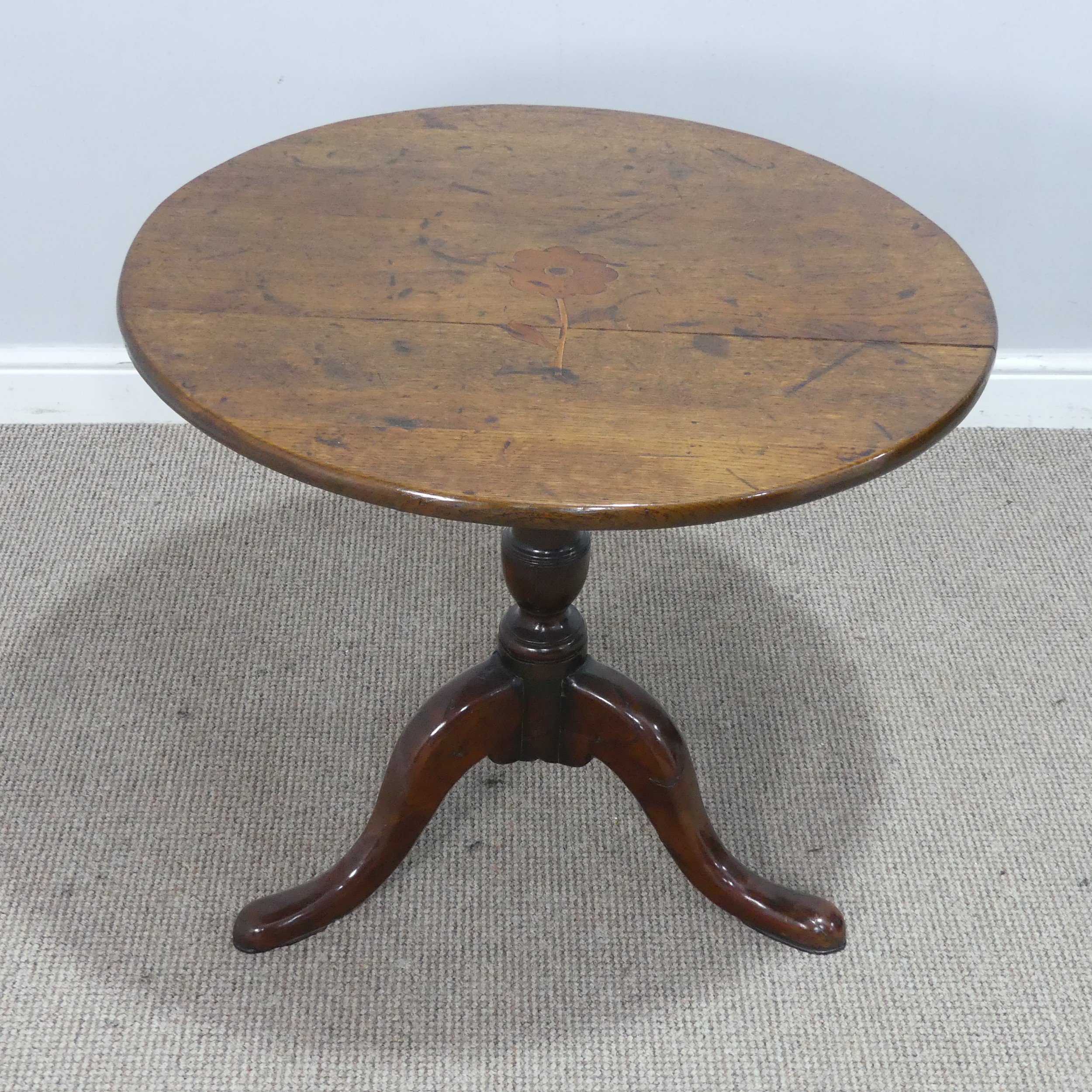 A 19th century oak tilt-top tripod Table, circular top with inlaid design of a flower, W 72.5 cm x H - Image 2 of 4