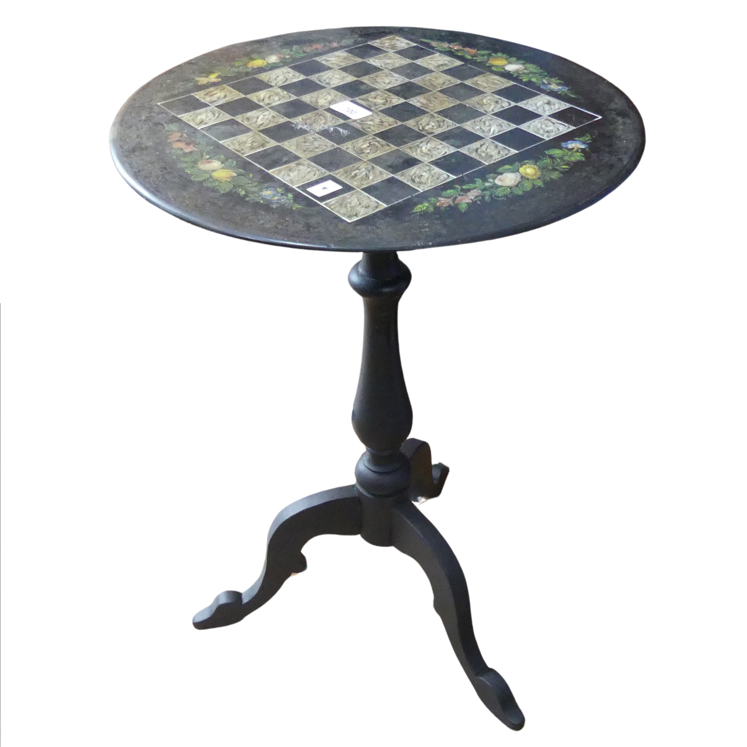 A Victorian Chess Table, the painted slate tilt-top on turned column to three splayed legs, top