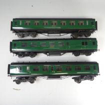 Three Exley ‘0’ gauge SR Coaches, green with yellow lettering: All 1st Side Corridor Coach No.