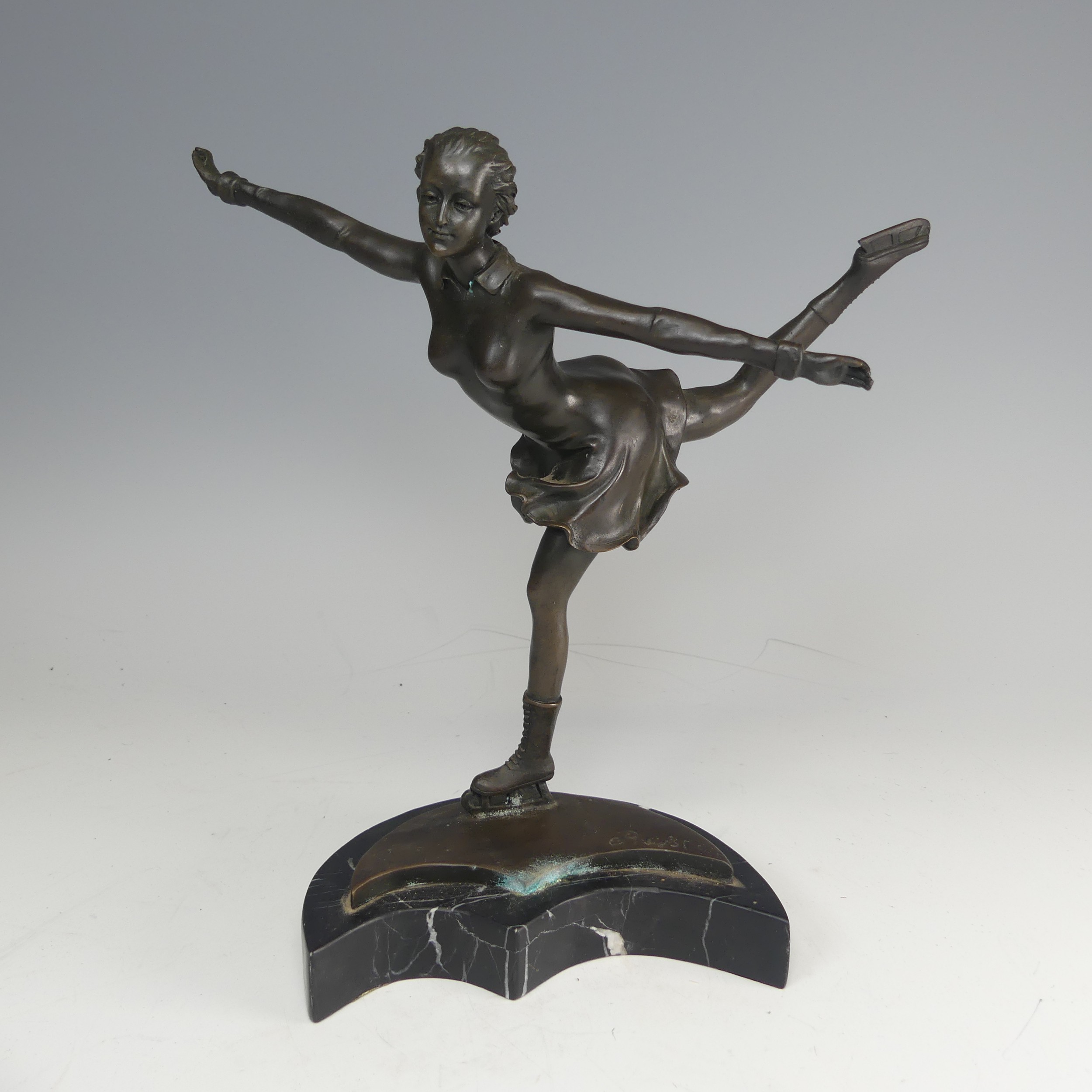 An Art Deco style bronze and resin Figure of a young girl skating, signed 'Preifs', mounted upon - Image 2 of 6