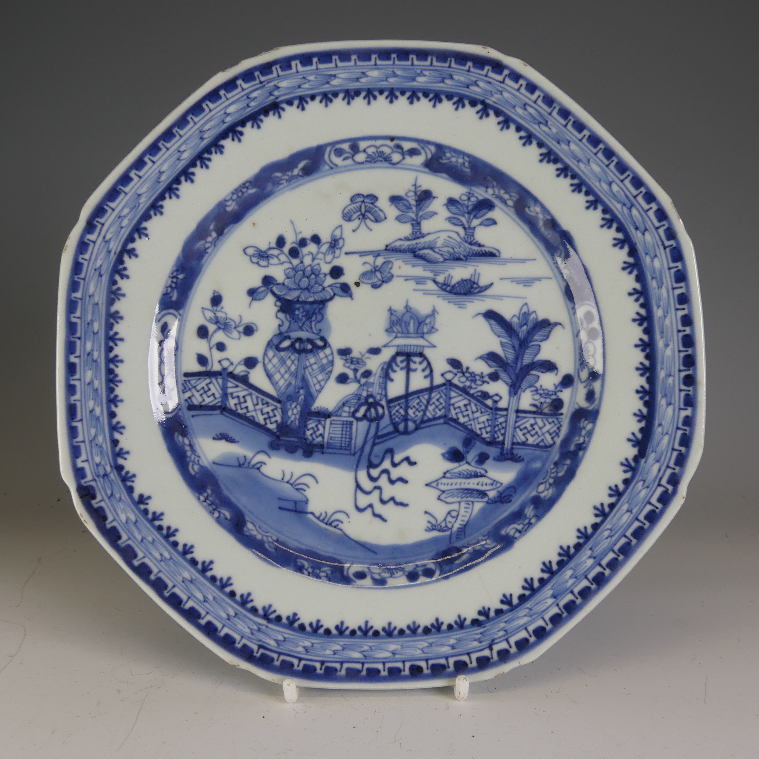 A 19thC Chinese blue and white Plate, of octagonal form, decorated with a vase with flora, - Image 2 of 4