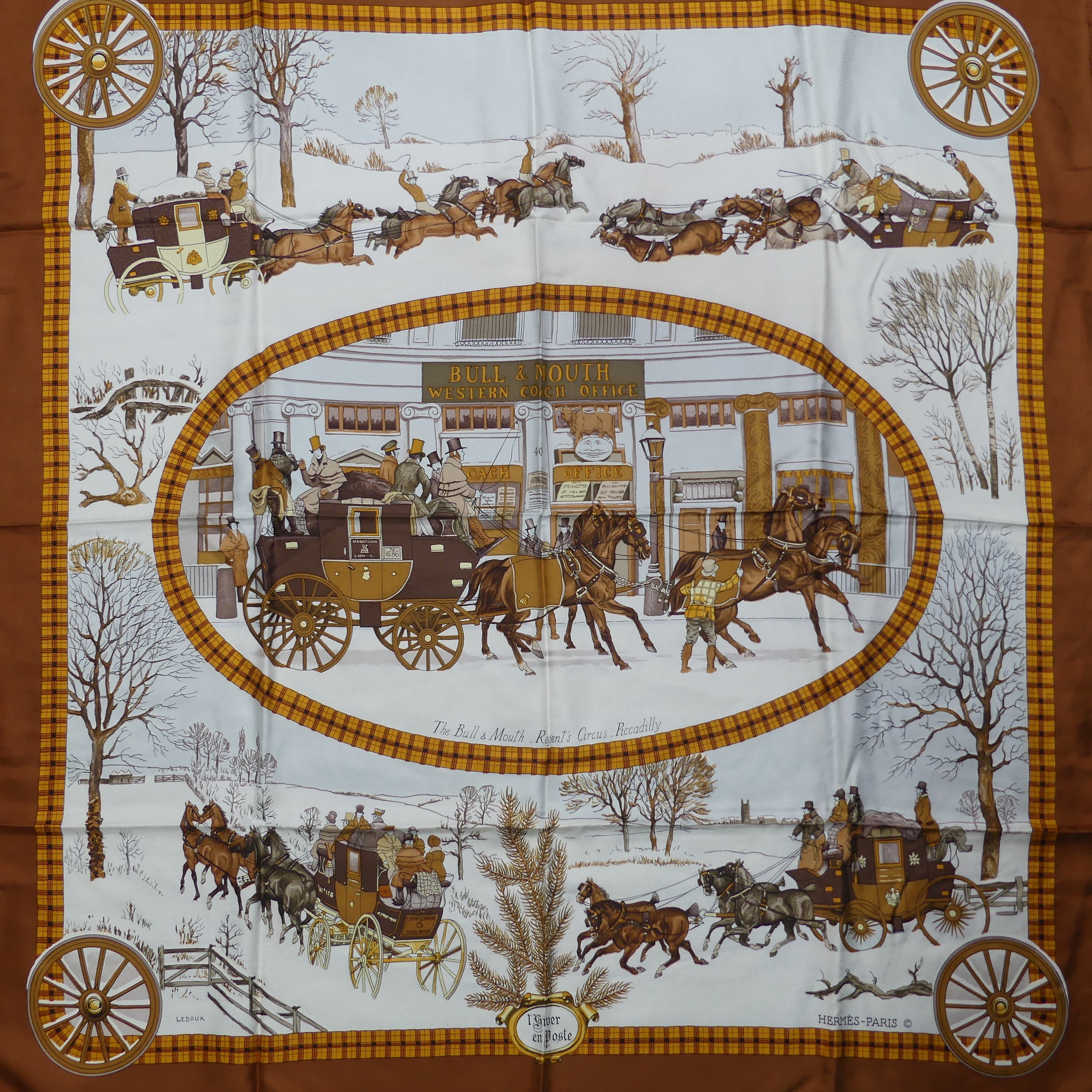 Two Hermès silk twill scarves: 'The Bull & Mouth, Regents Circus Picadilly', cream ground with brown - Image 2 of 4
