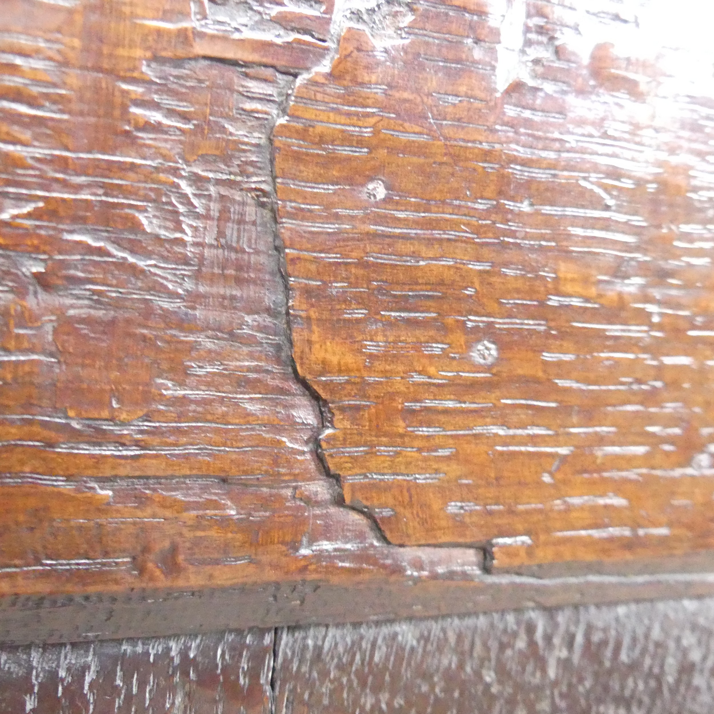 An antique probably 17th century oak wainscot box seat Armchair, carved backrest flanked by scrolled - Image 11 of 11