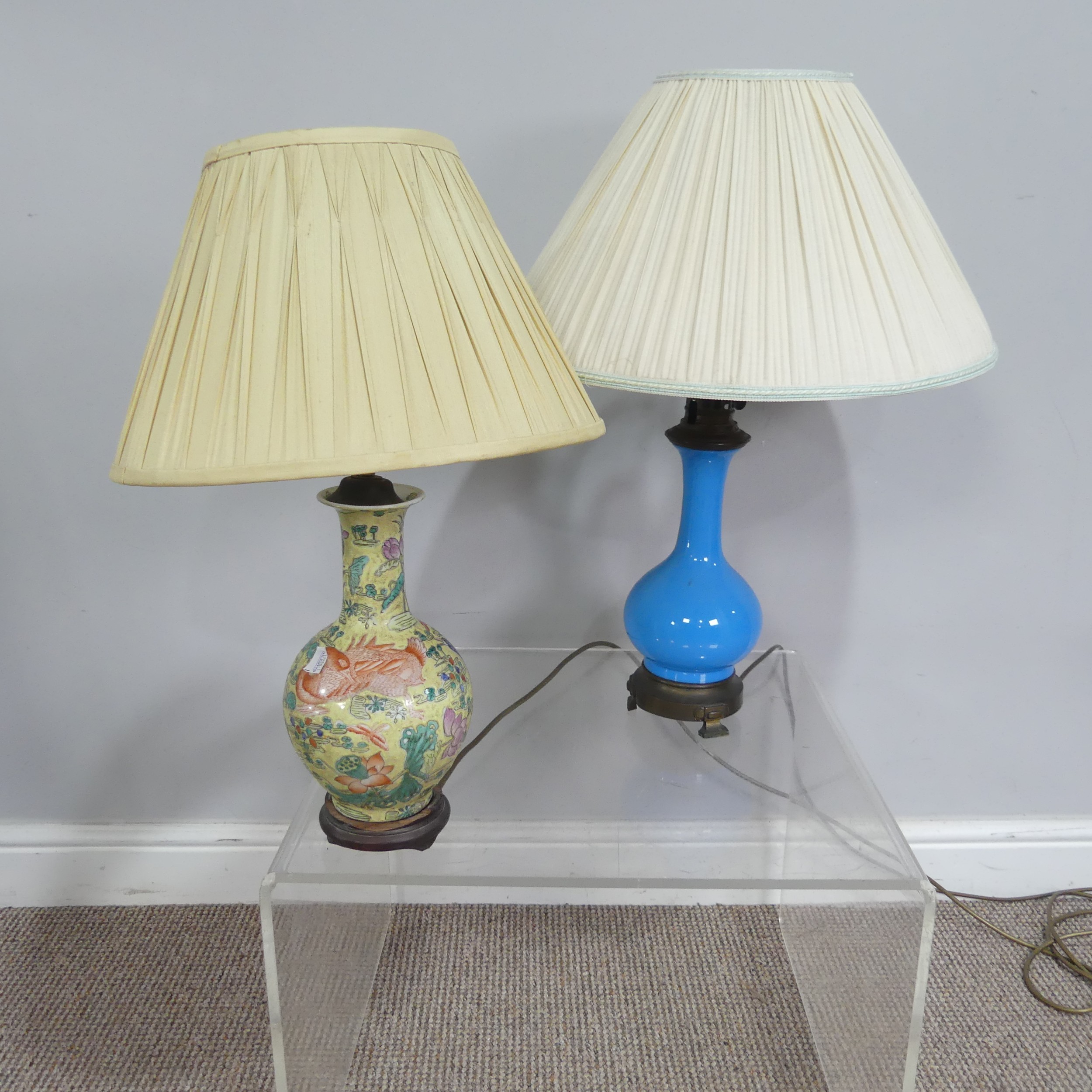 Three early 20thC oil lamps, now converted to electricity, together with two ceramic based table - Image 2 of 2