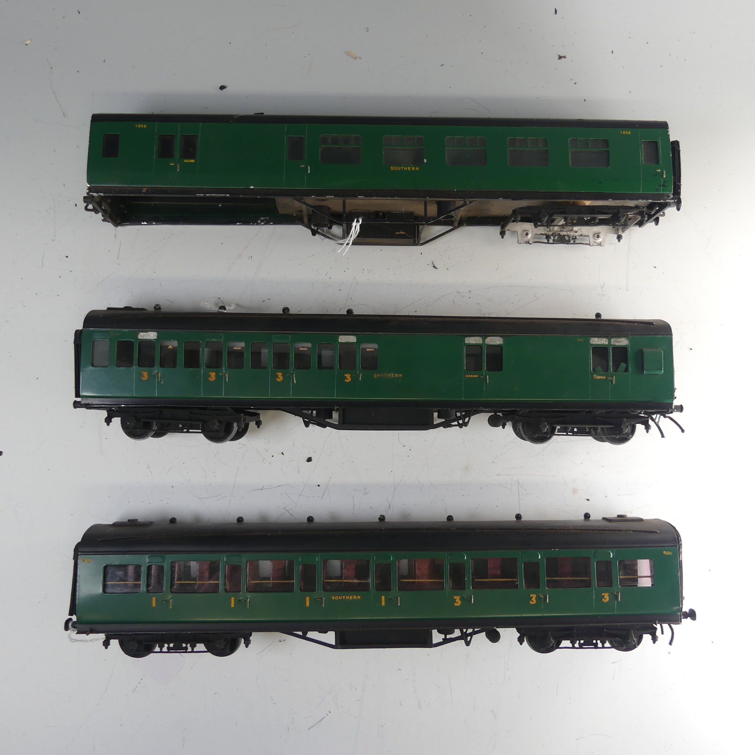Two Exley ‘0’ gauge SR Coaches, green with yellow lettering, repainted, together with two Exley '