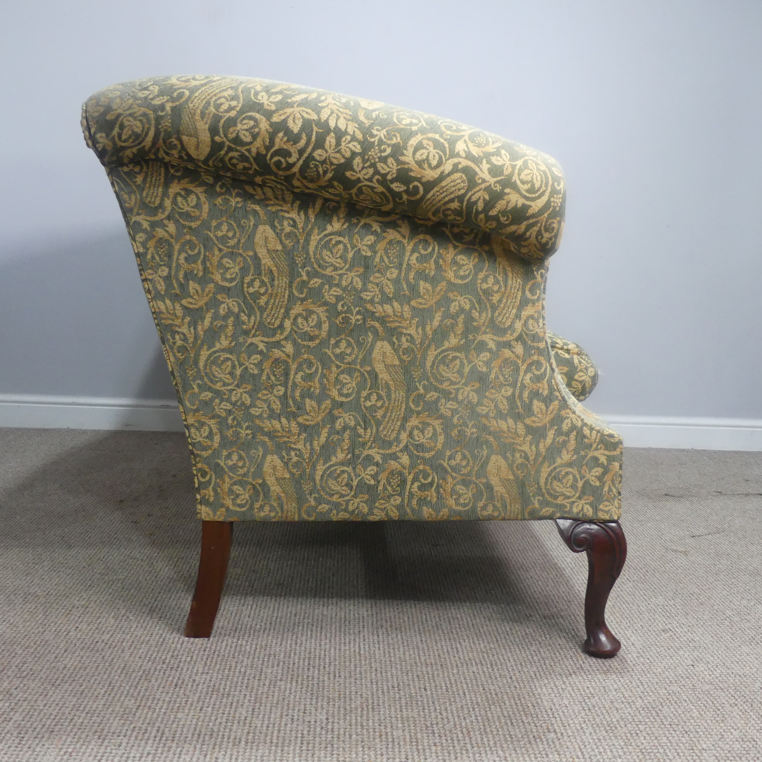 An antique George III style upholstered scroll end two-seater Sofa, raised on carved cabriole - Image 4 of 11